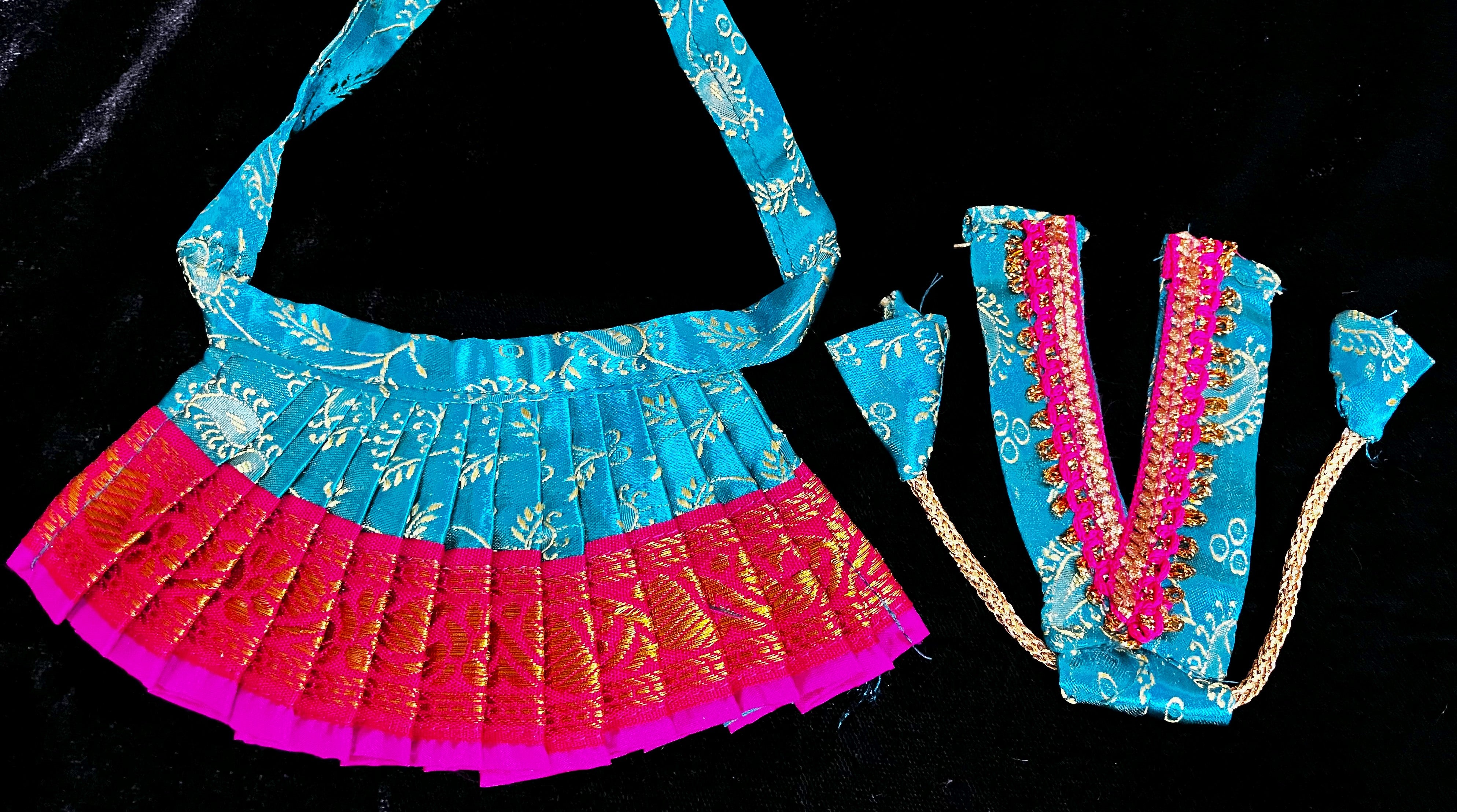 Deity half saree / lehenga patka made of Satin Silk (Not Pure Silk) - Aqua blue Saree with Pink border and Pink dupatta 4