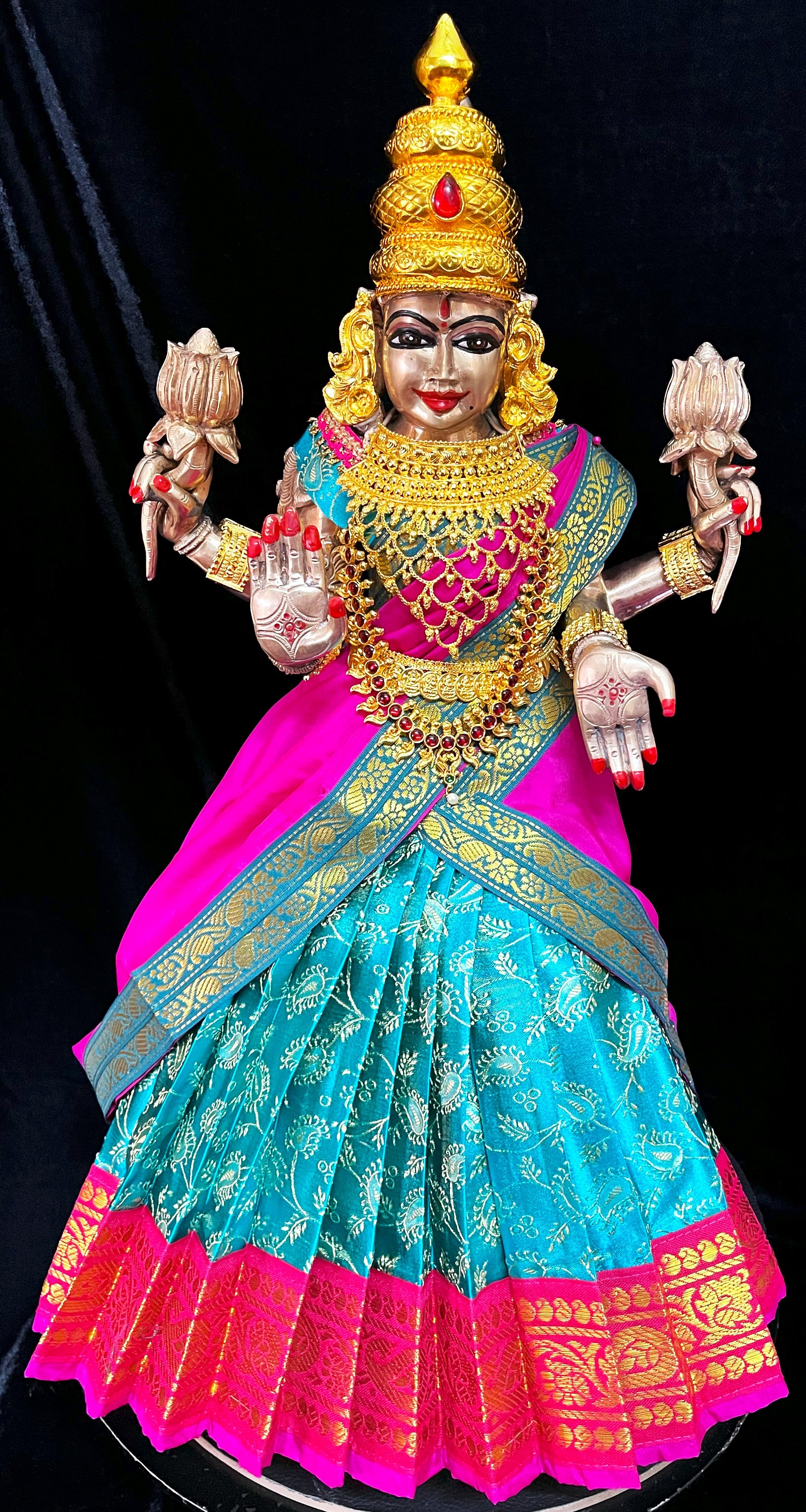 Deity half saree / lehenga patka made of Satin Silk (Not Pure Silk) - Aqua blue Saree with Pink border and Pink dupatta 3