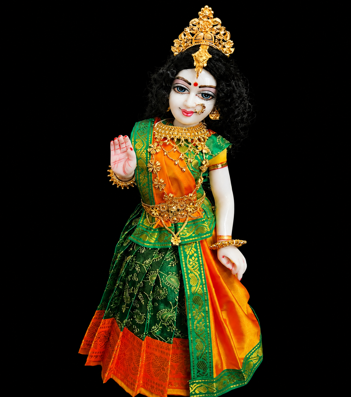 Deity half saree / lehenga patka made of Satin Silk (Not Pure Silk) - Green Saree with Orange border and Orange dupatta 4