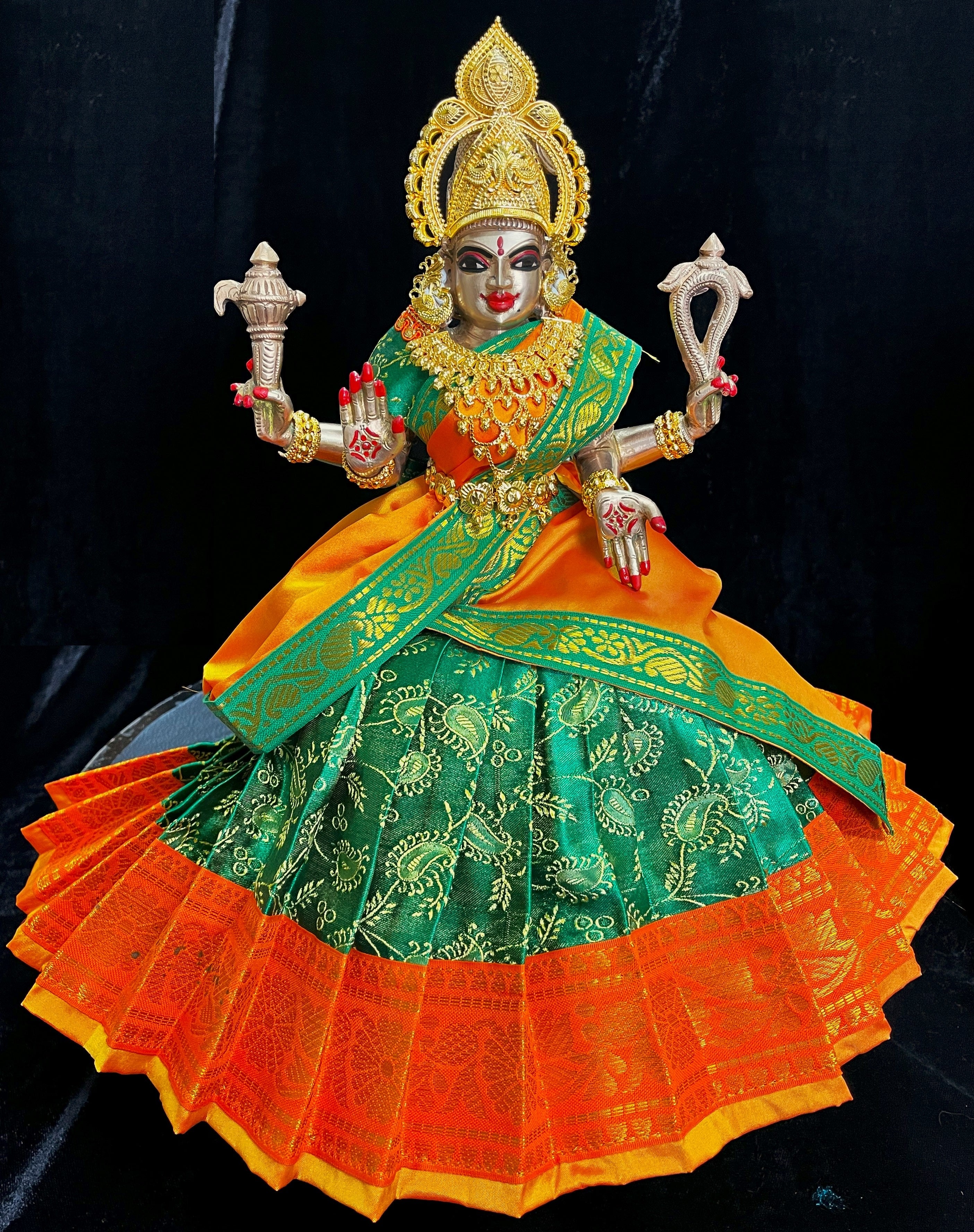 Deity half saree / lehenga patka made of Satin Silk (Not Pure Silk) - Green Saree with Orange border and Orange dupatta 1