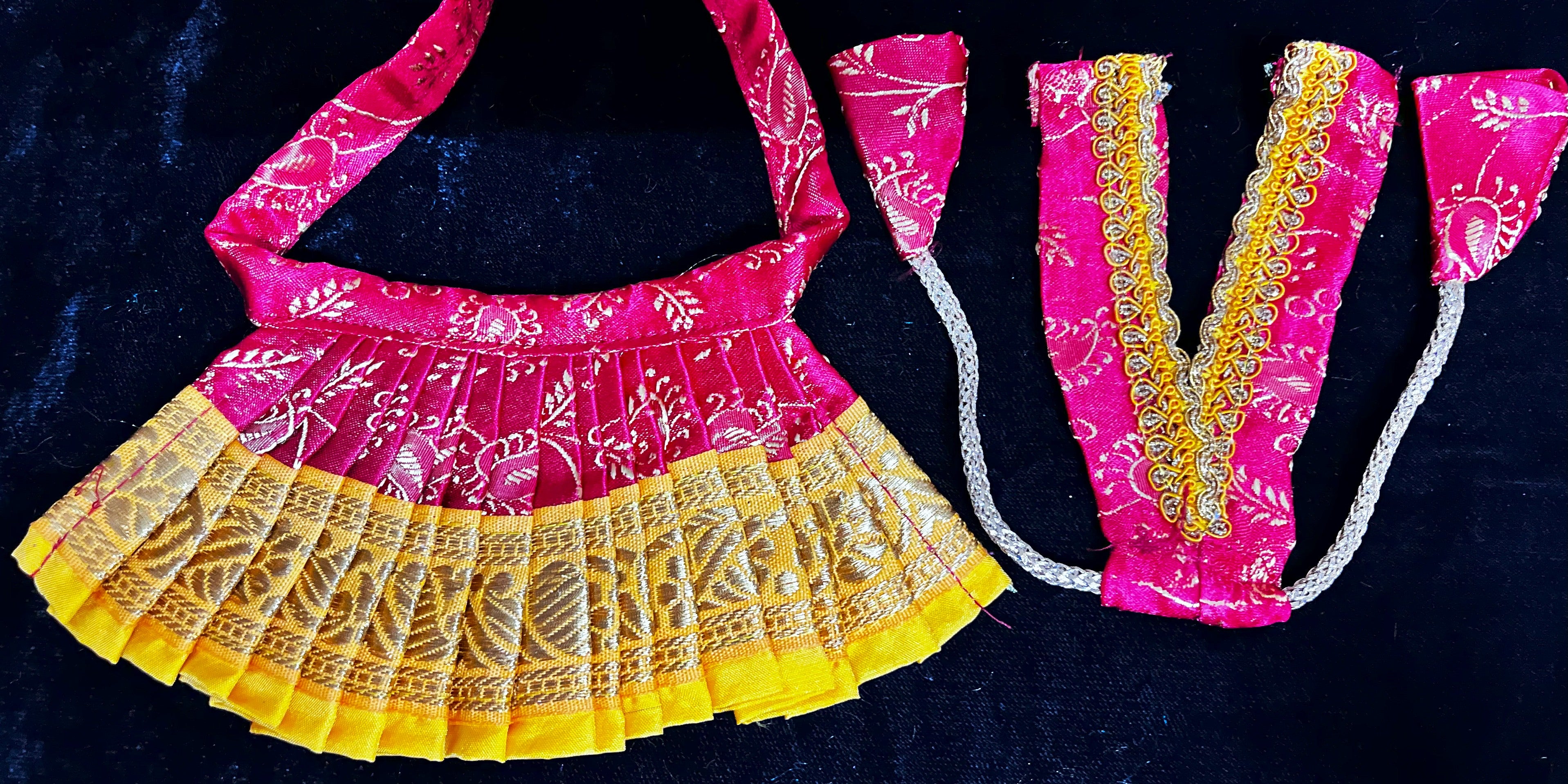 Deity half saree / lehenga patka made of Satin Silk (Not Pure Silk) - Red Saree with Yellow border and Yellow dupatta 2
