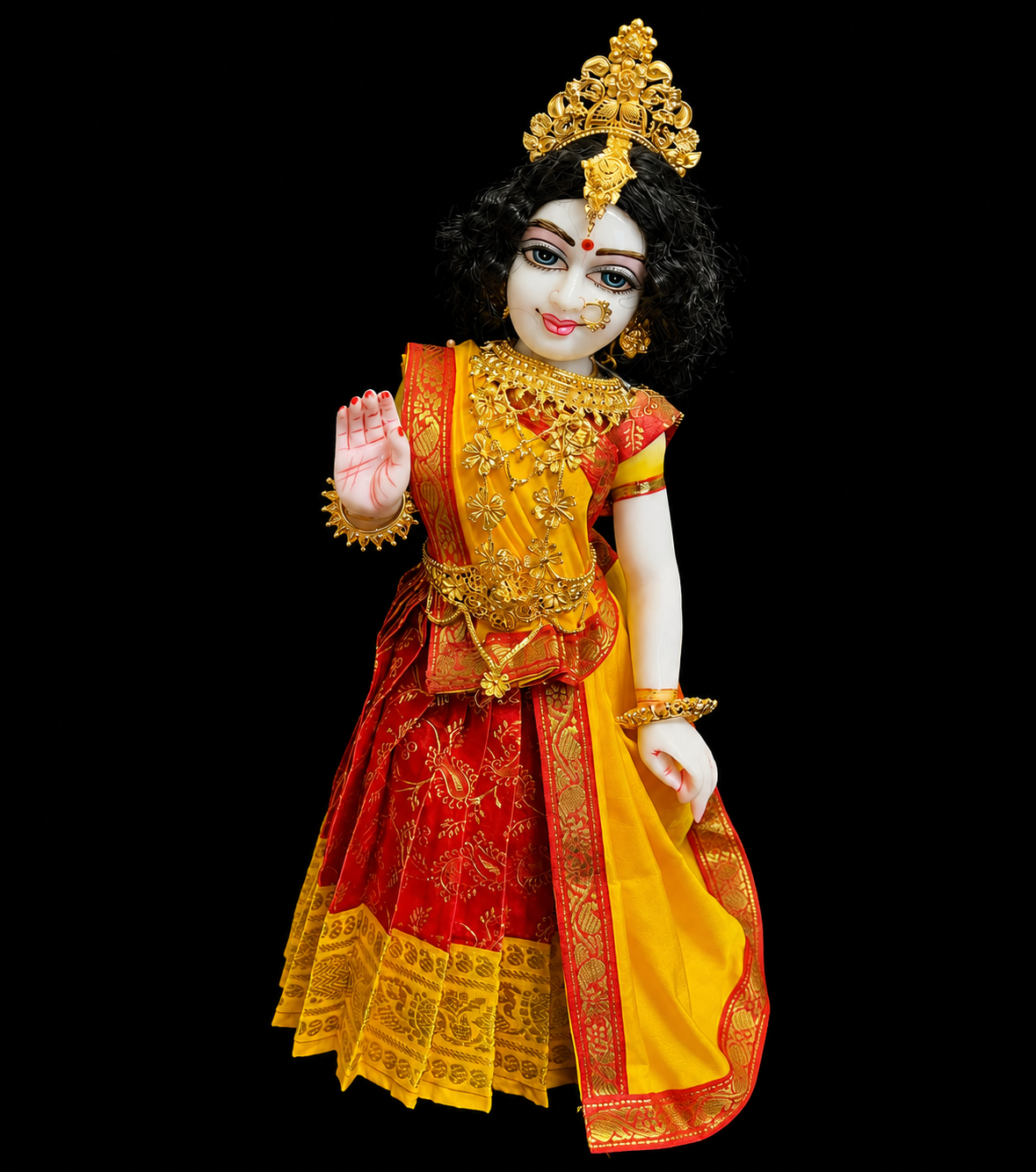 Deity half saree / lehenga patka made of Satin Silk (Not Pure Silk) - Red Saree with Yellow border and Yellow dupatta 4
