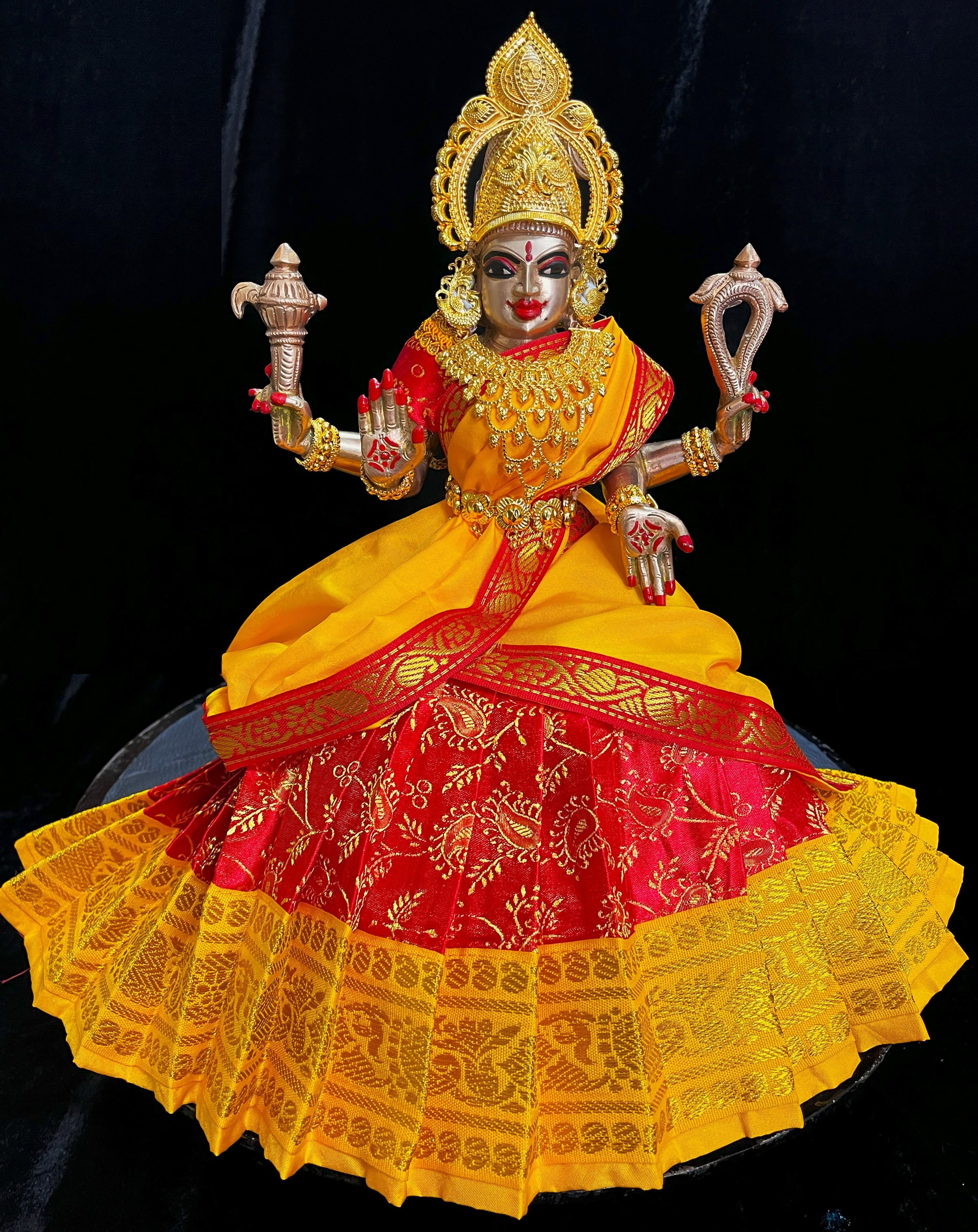 Deity half saree / lehenga patka made of Satin Silk (Not Pure Silk) - Red Saree with Yellow border and Yellow dupatta 1
