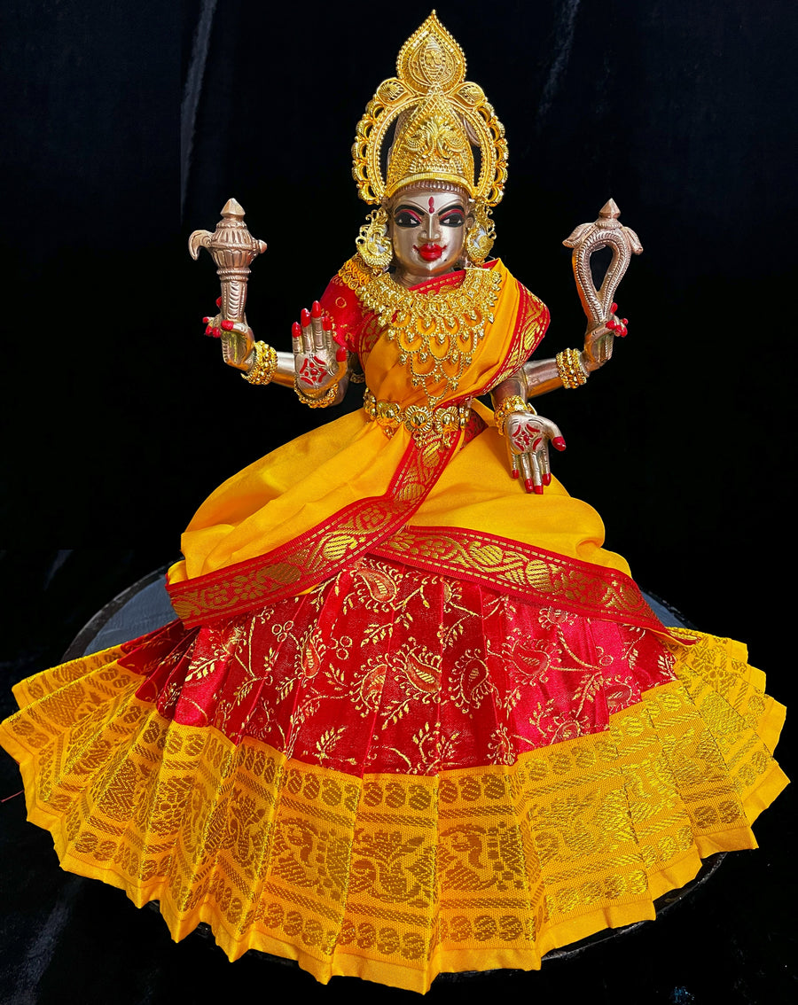 Deity half saree / lehenga patka made of Satin Silk (Not Pure Silk) - Red Saree with Yellow border and Yellow dupatta