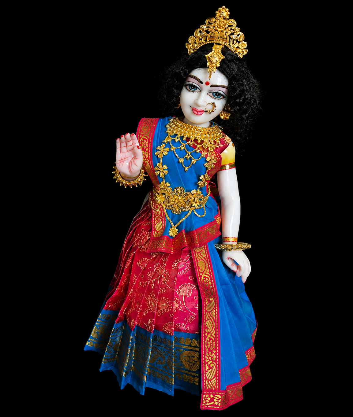 Deity half saree / lehenga patka made of Satin Silk (Not Pure Silk) - Pink Saree with Blue border and Blue dupatta 4
