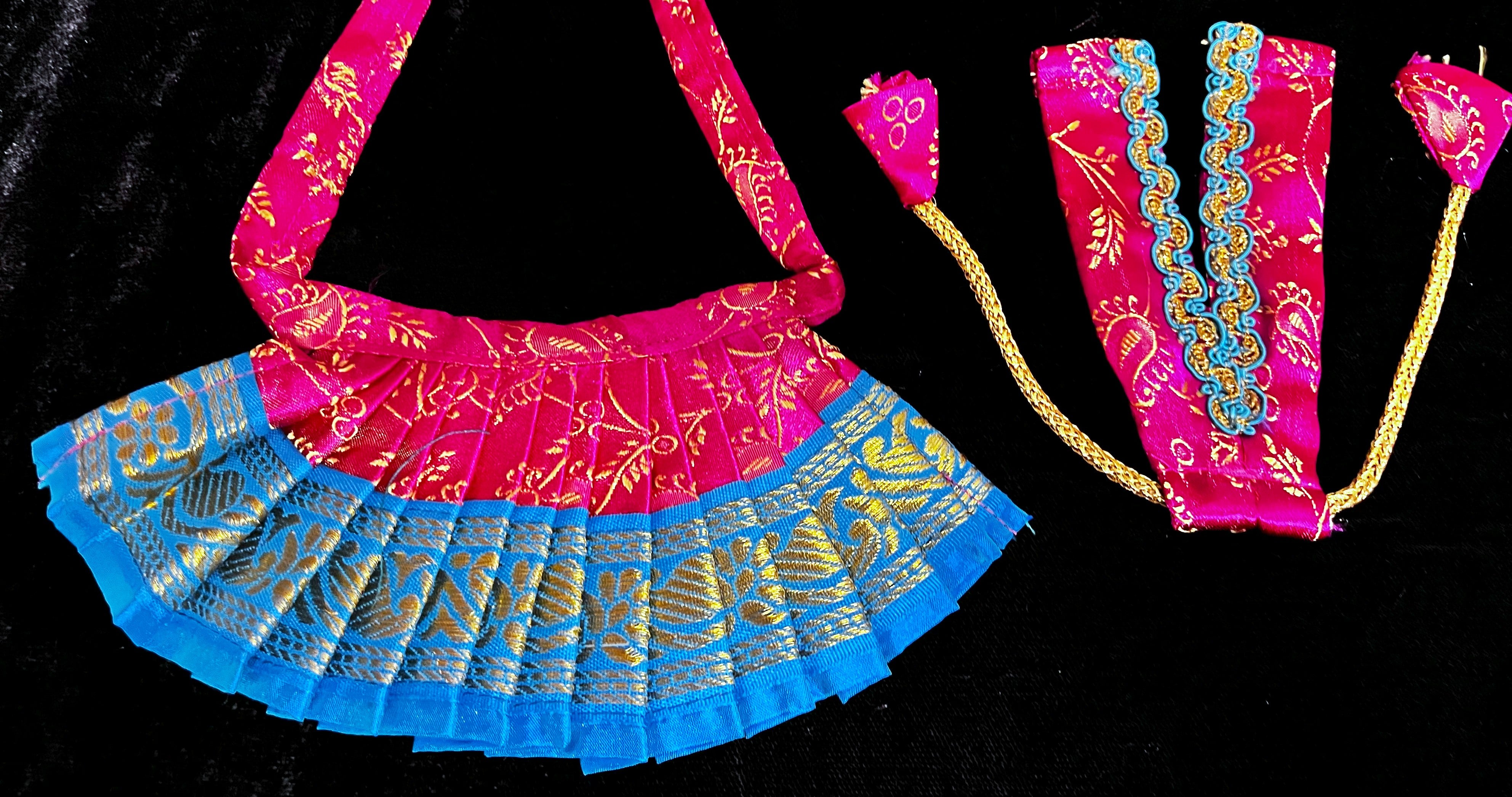 Deity half saree / lehenga patka made of Satin Silk (Not Pure Silk) - Pink Saree with Blue border and Blue dupatta 3