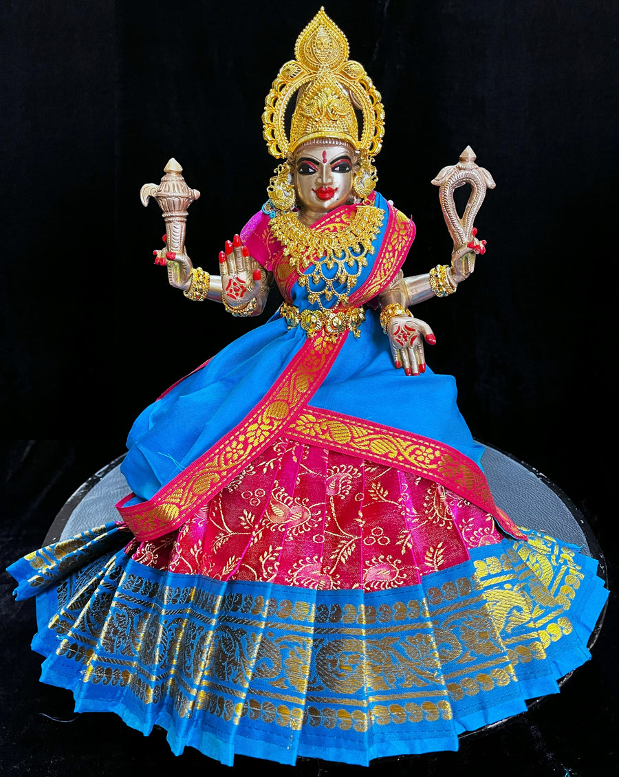 Deity half saree / lehenga patka made of Satin Silk (Not Pure Silk) - Pink Saree with Blue border and Blue dupatta
