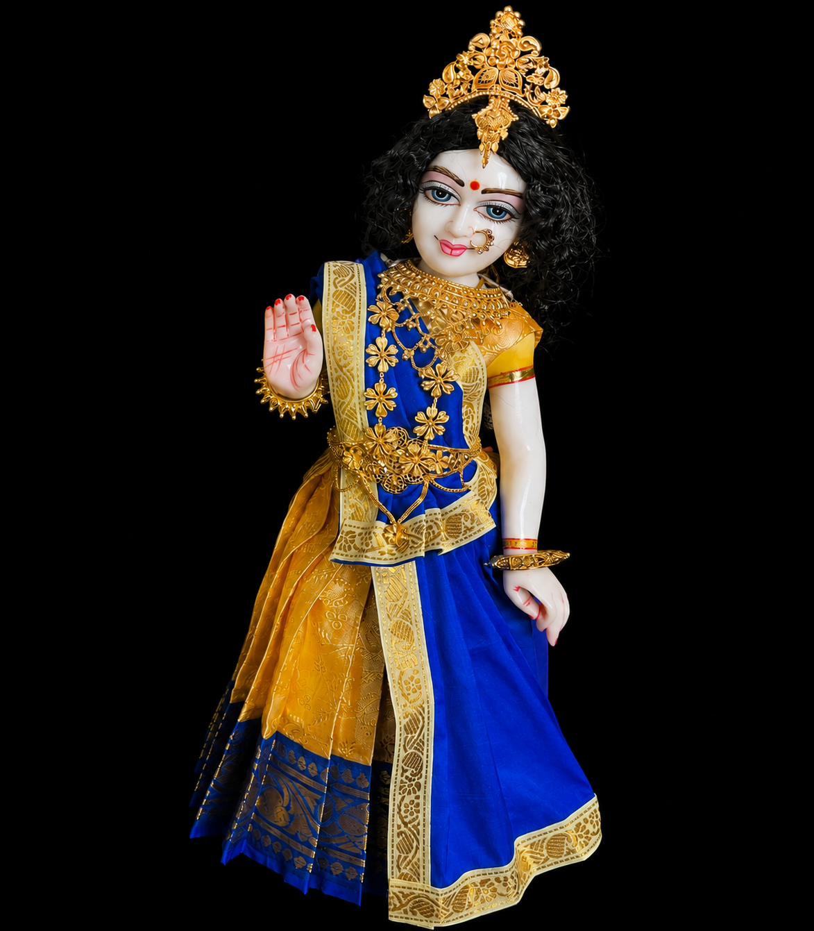 Deity half saree / lehenga patka made of Satin Silk (Not Pure Silk) - Gold Saree with Royal Blue border and Royal Blue dupatta 4