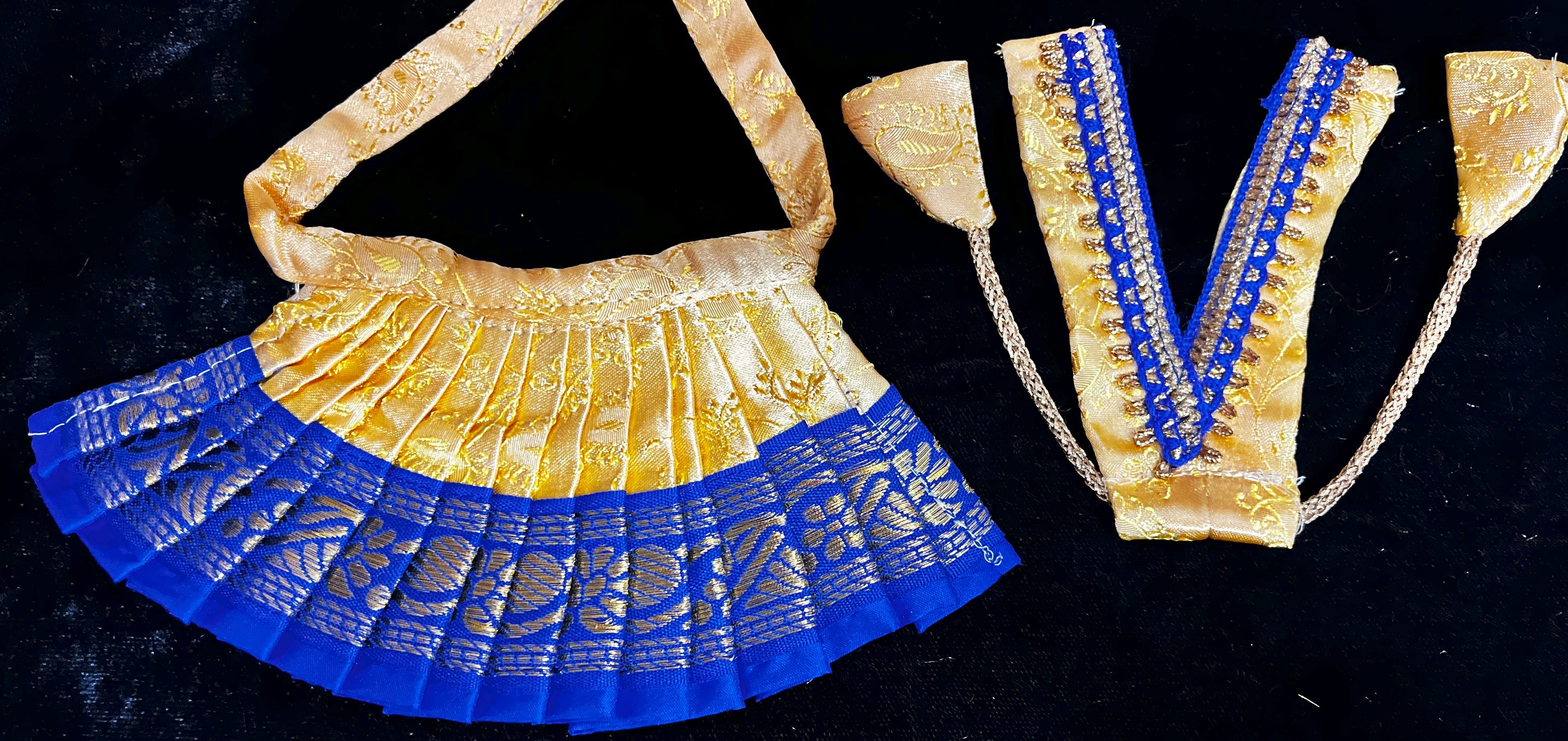 Deity half saree / lehenga patka made of Satin Silk (Not Pure Silk) - Gold Saree with Royal Blue border and Royal Blue dupatta 3