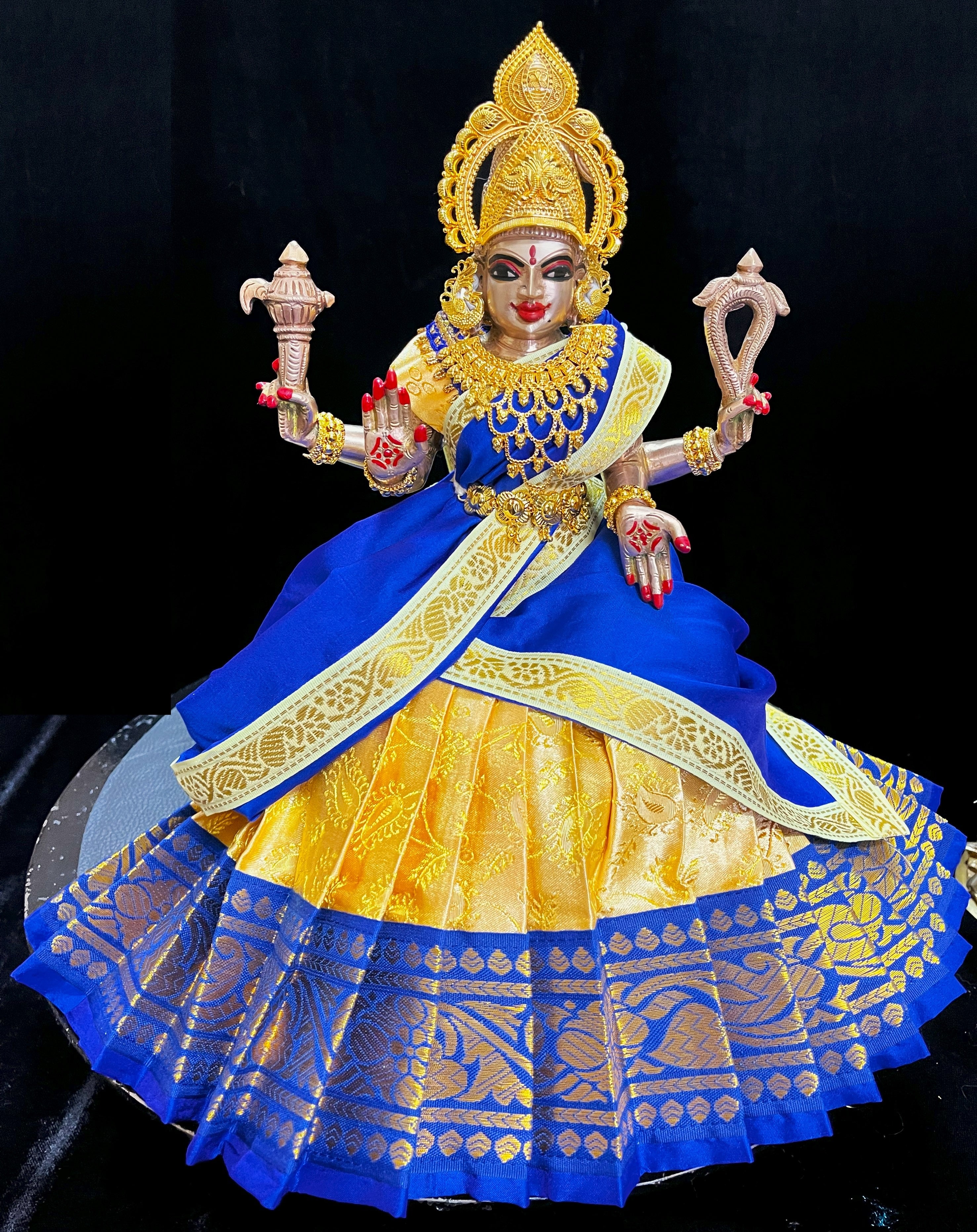 Deity half saree / lehenga patka made of Satin Silk (Not Pure Silk) - Gold Saree with Royal Blue border and Royal Blue dupatta 1