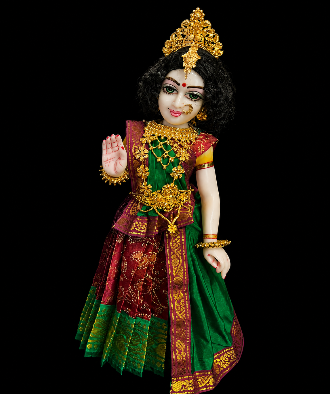 Deity half saree / lehenga patka made of Satin Silk (Not Pure Silk) - Maroon Saree with Green border and Green dupatta 4