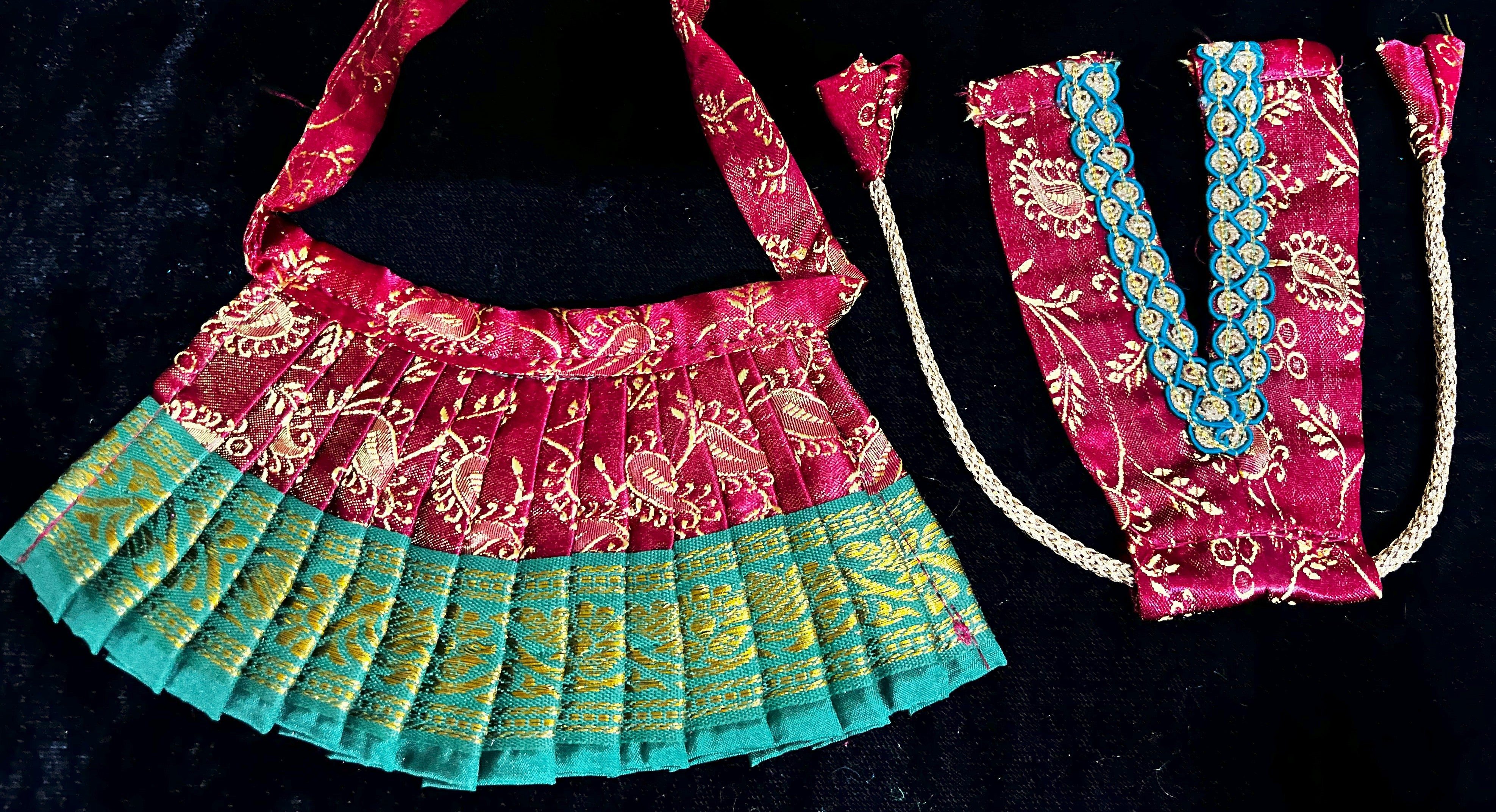 Deity half saree / lehenga patka made of Satin Silk (Not Pure Silk) - Maroon Saree with Green border and Green dupatta 3