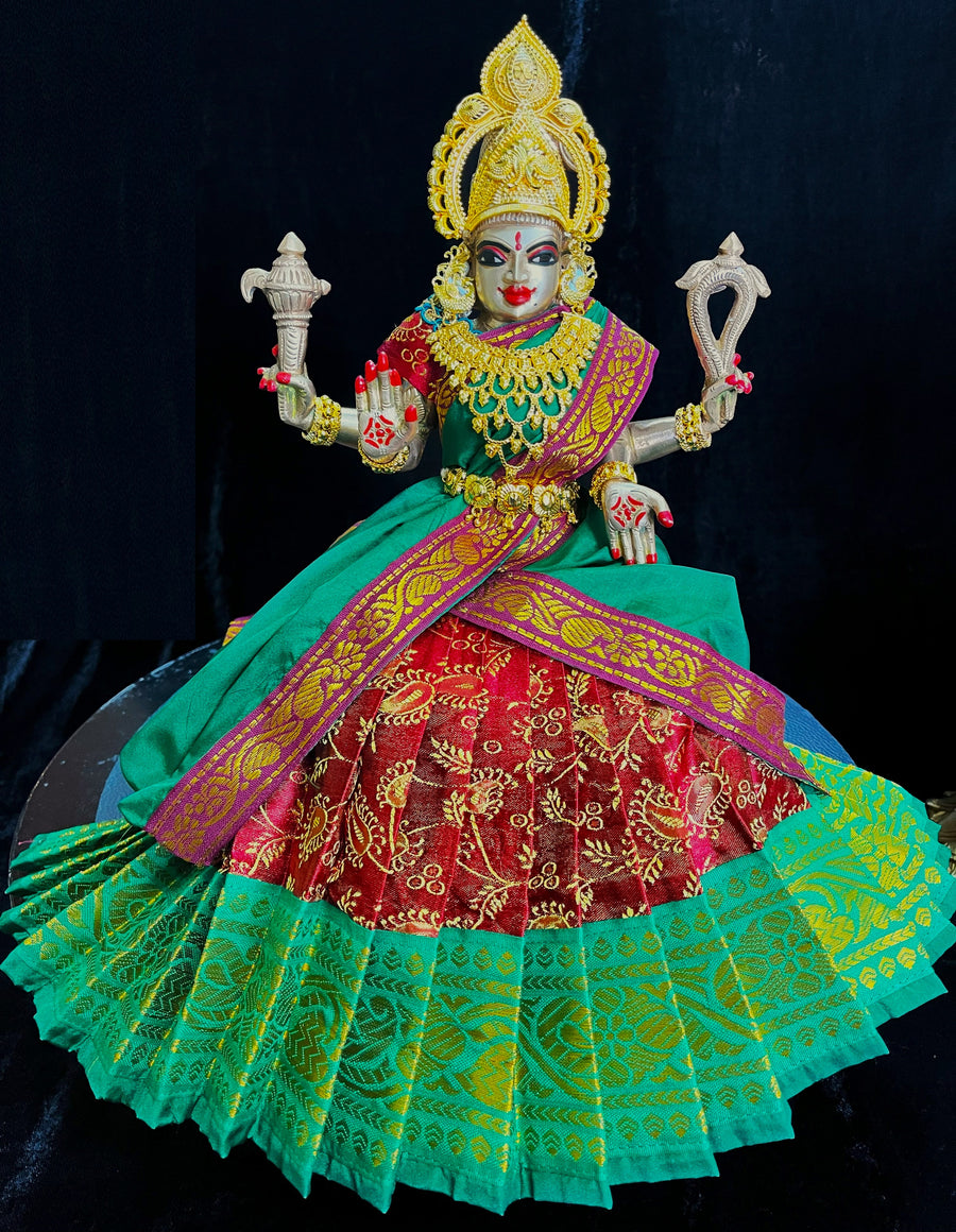 Deity half saree / lehenga patka made of Satin Silk (Not Pure Silk) - Maroon Saree with Green border and Green dupatta