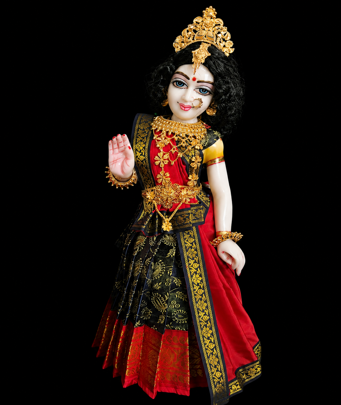 Deity half saree / lehenga patka made of Satin Silk (Not Pure Silk) - Navy Blue Saree with Red border and Red dupatta 4