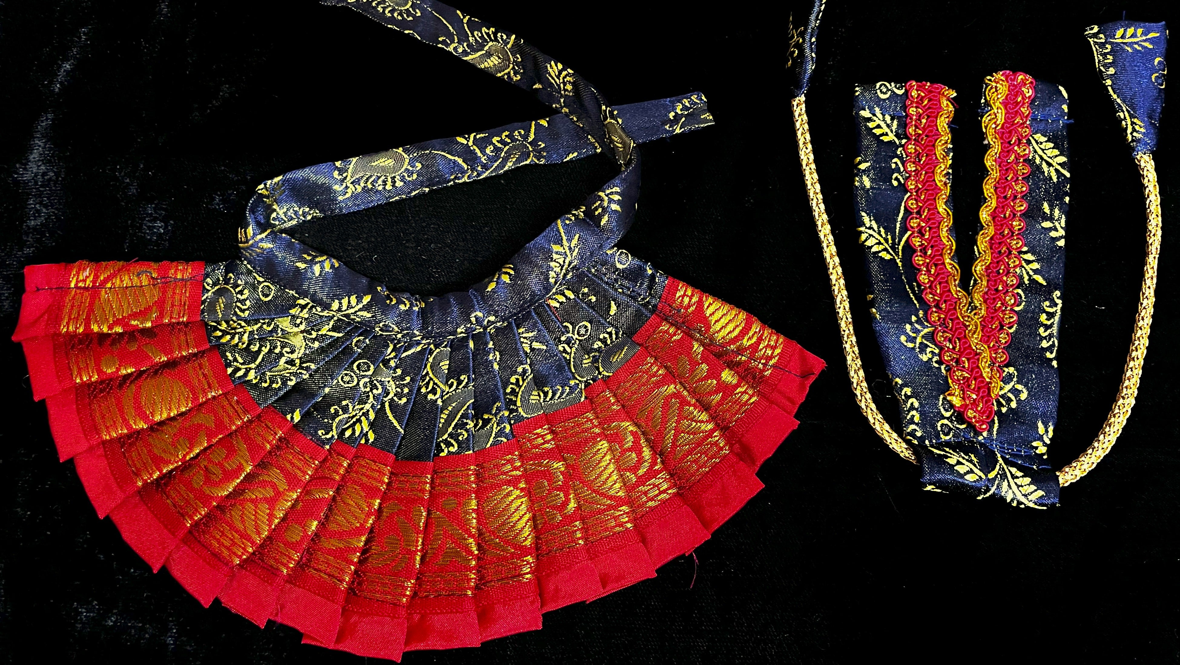 Deity half saree / lehenga patka made of Satin Silk (Not Pure Silk) - Navy Blue Saree with Red border and Red dupatta 2