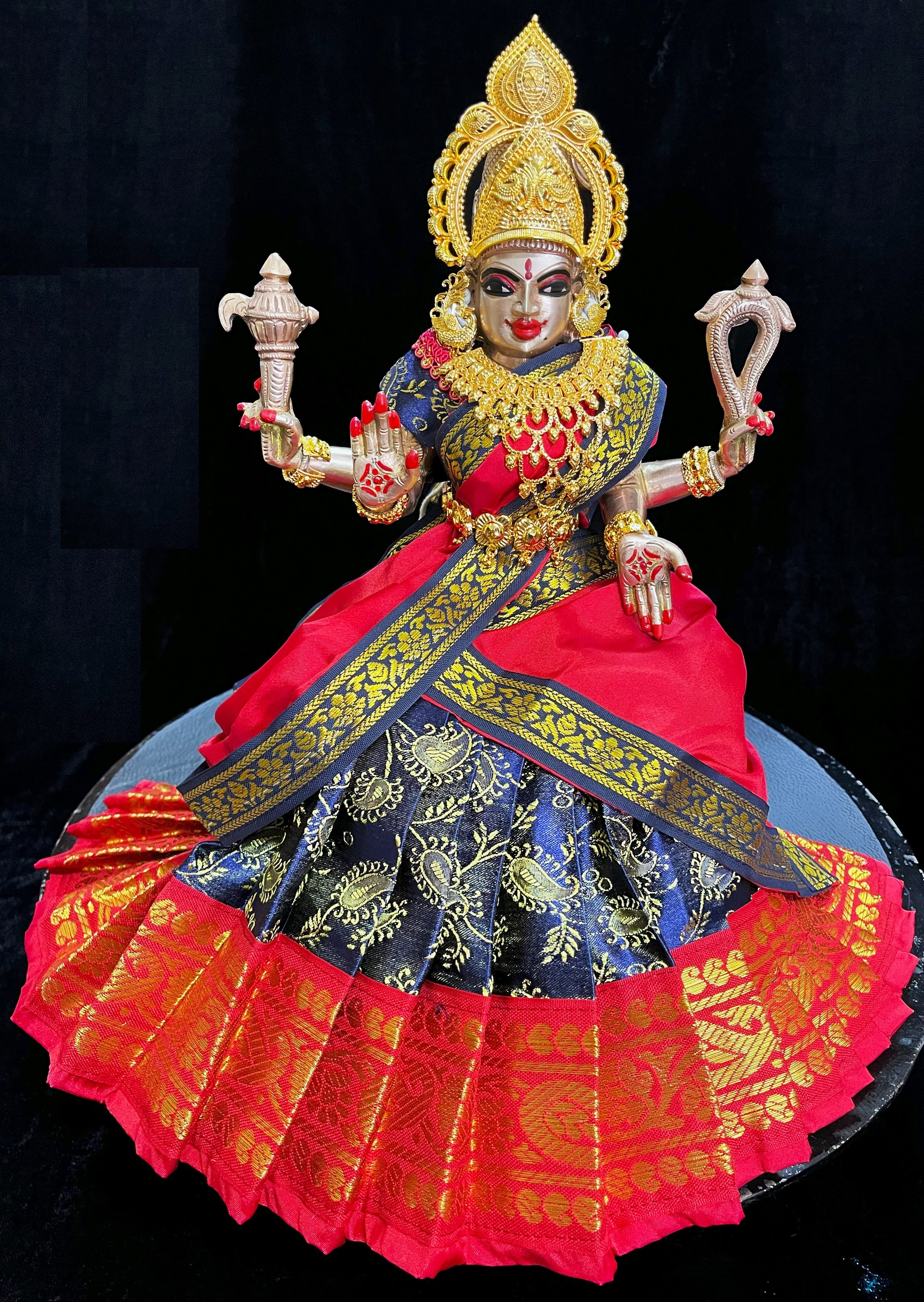 Deity half saree / lehenga patka made of Satin Silk (Not Pure Silk) - Navy Blue Saree with Red border and Red dupatta 1