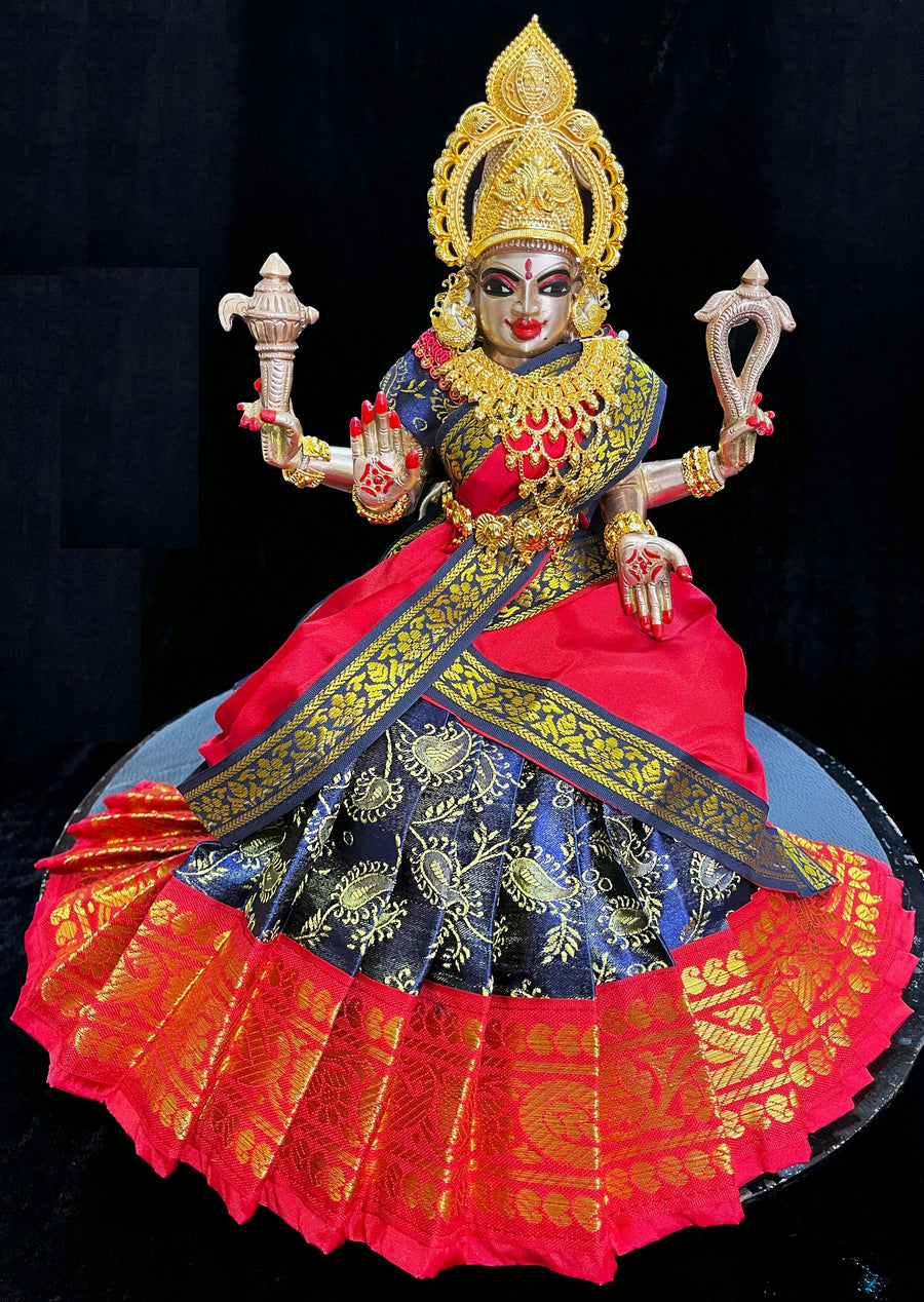 Deity half saree / lehenga patka made of Satin Silk (Not Pure Silk) - Navy Blue Saree with Red border and Red dupatta