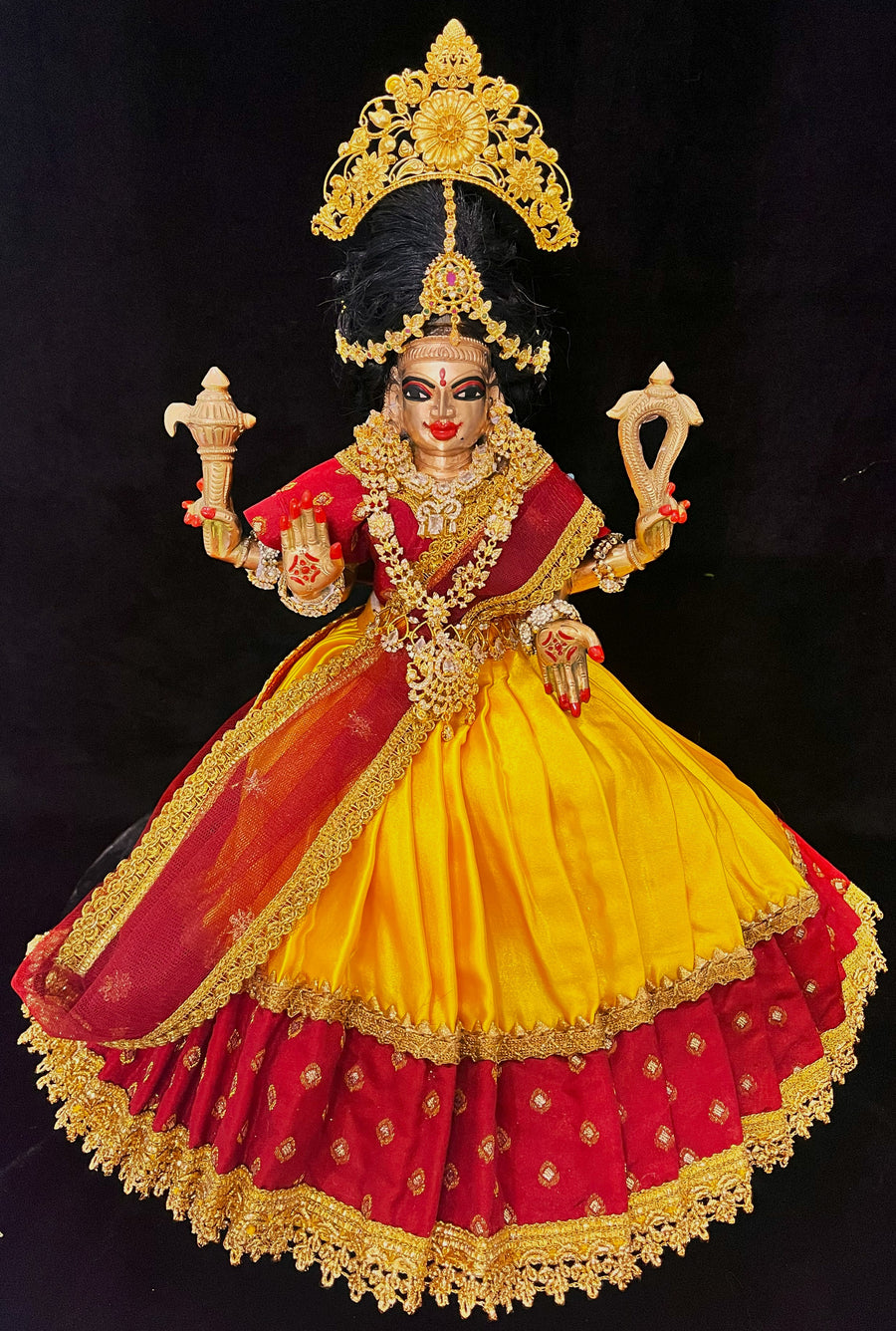Deity half saree / lehenga patka made of Satin and Chanderi Silk Saree (Not Pure Silk) - Yellow and Marron lehenga with Maroon blouse and dupatta