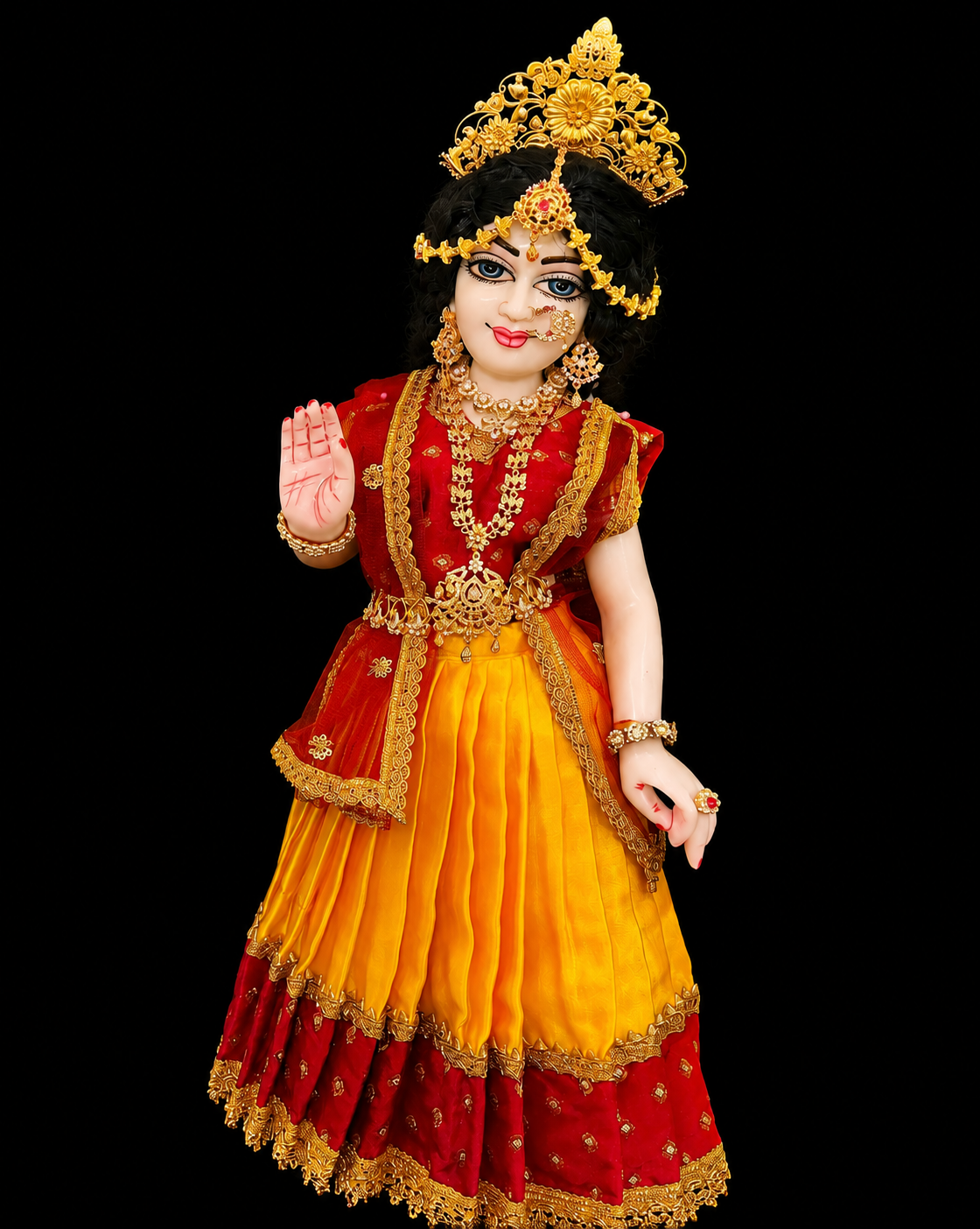 Deity half saree / lehenga patka made of Satin and Chanderi Silk Saree (Not Pure Silk) - Yellow and Marron lehenga with Maroon blouse and dupatta 2