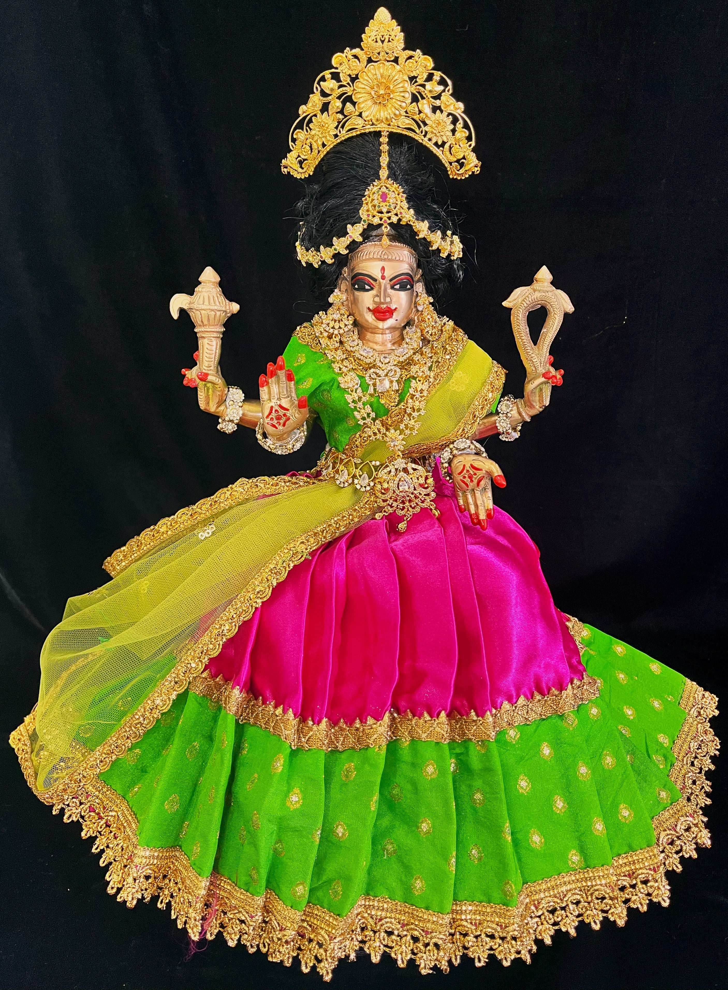 Deity half saree / lehenga patka made of Satin and Chanderi Silk Saree (Not Pure Silk) - Parrot Green and Rani Pink with Parrot Green blouse and dupatta 1