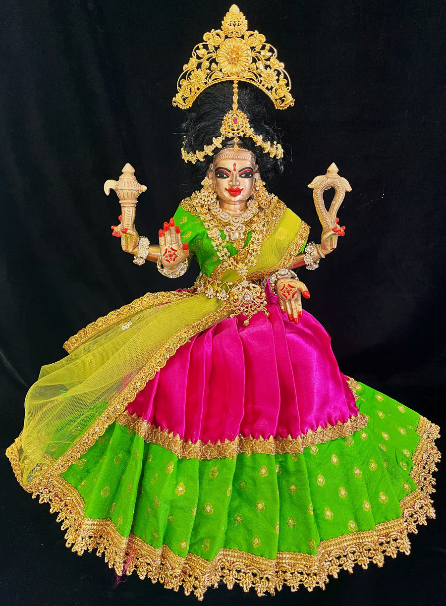 Deity half saree / lehenga patka made of Satin and Chanderi Silk Saree (Not Pure Silk) - Parrot Green and Rani Pink with Parrot Green blouse and dupatta