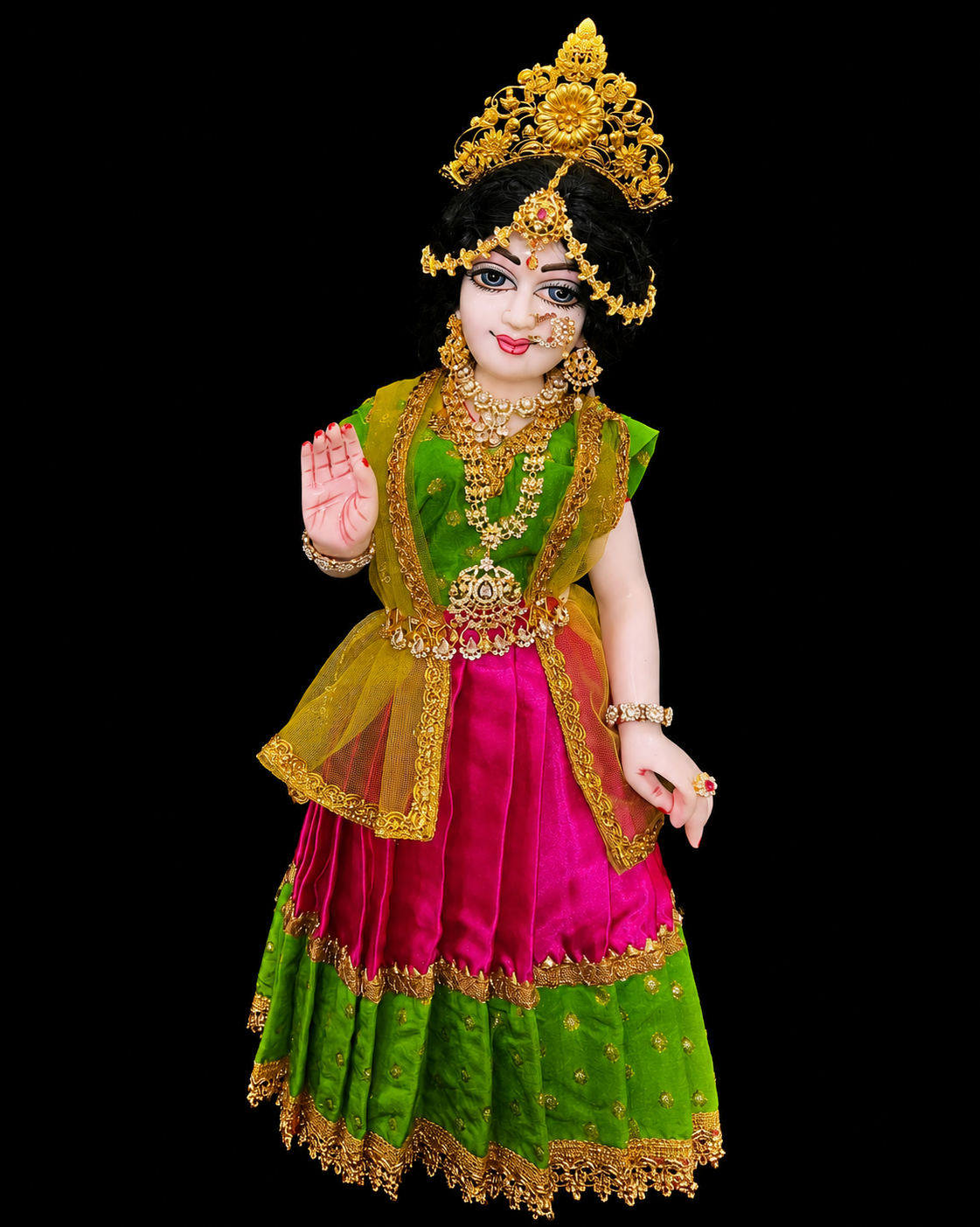Deity half saree / lehenga patka made of Satin and Chanderi Silk Saree (Not Pure Silk) - Parrot Green and Rani Pink with Parrot Green blouse and dupatta 2