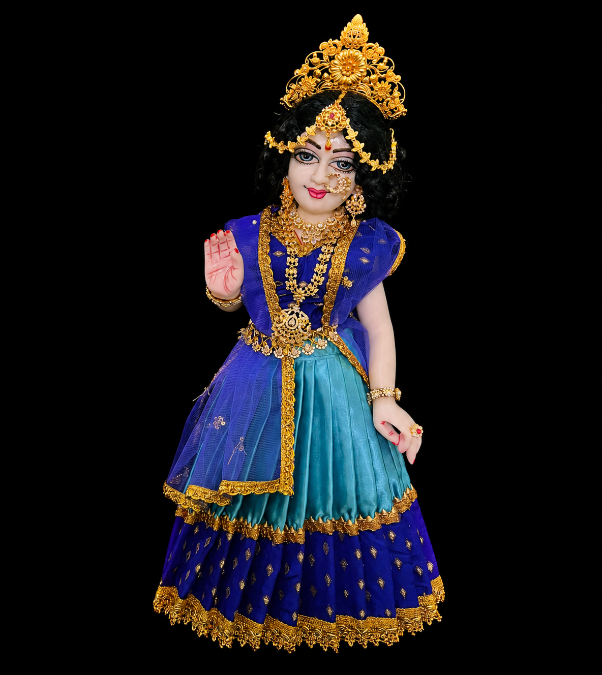 Deity half saree / lehenga patka made of Satin and Chanderi Silk Saree (Not Pure Silk) - Royal Blue and Sky Blue Lehenga with Royal Blue blouse and dupatta 2