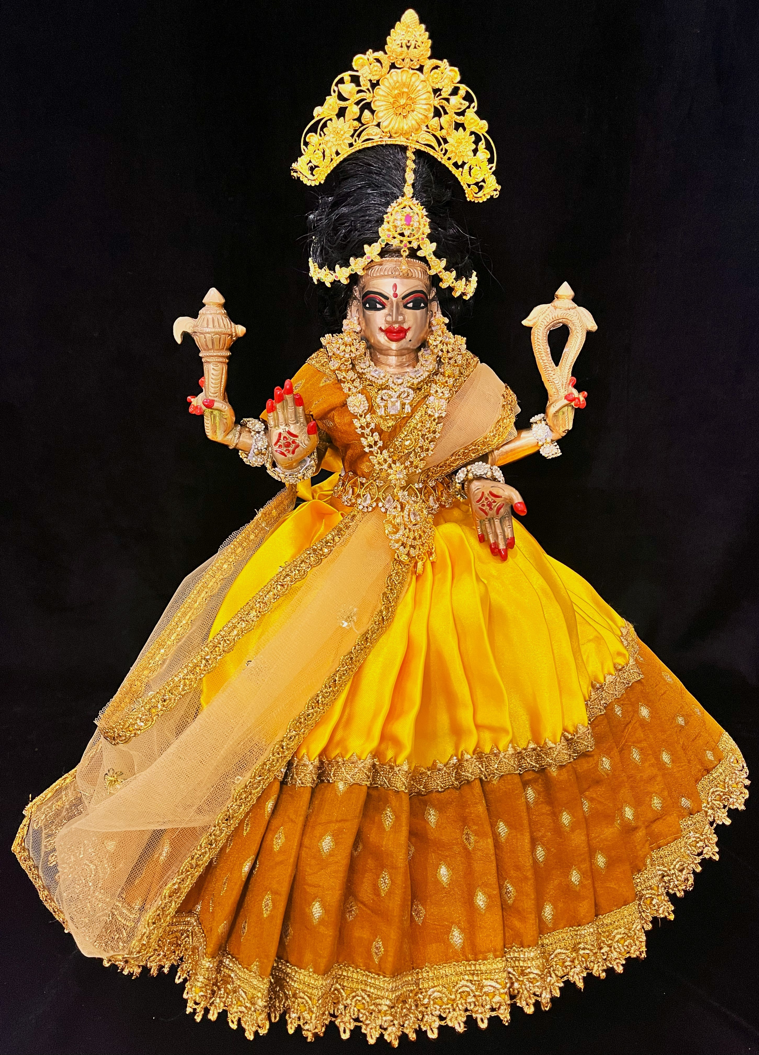 Deity half saree / lehenga patka made of Satin and Chanderi Silk Saree (Not Pure Silk) - Mustard Orange and Yellow Lehenga with Mustard Orange blouse and dupatta 1