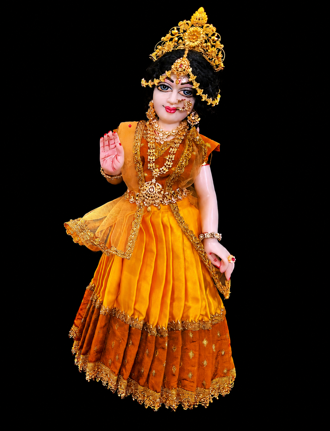 Deity half saree / lehenga patka made of Satin and Chanderi Silk Saree (Not Pure Silk) - Mustard Orange and Yellow Lehenga with Mustard Orange blouse and dupatta 2