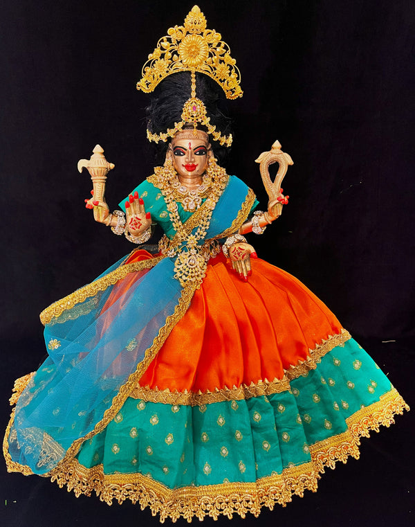 Deity half saree / lehenga patka made of Satin and Chanderi Silk Saree (Not Pure Silk) - Peacock Blue and Orange Lehenga with Peacock Blue blouse and dupatta