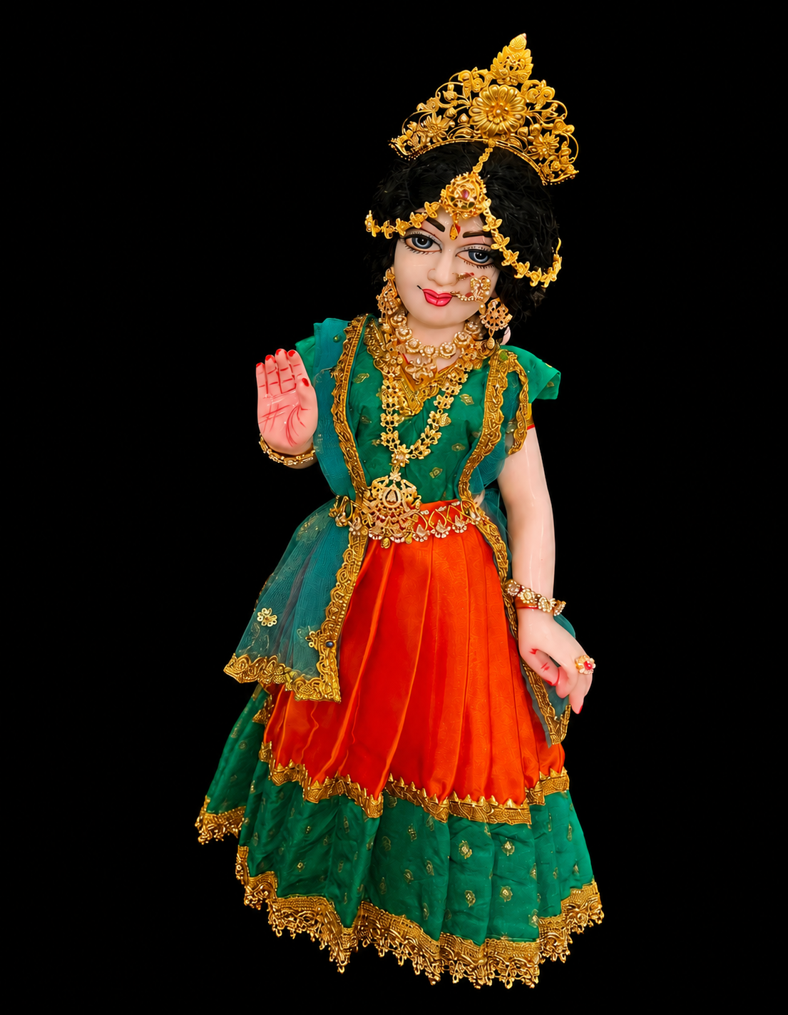 Deity half saree / lehenga patka made of Satin and Chanderi Silk Saree (Not Pure Silk) - Peacock Blue and Orange Lehenga with Peacock Blue blouse and dupatta 2