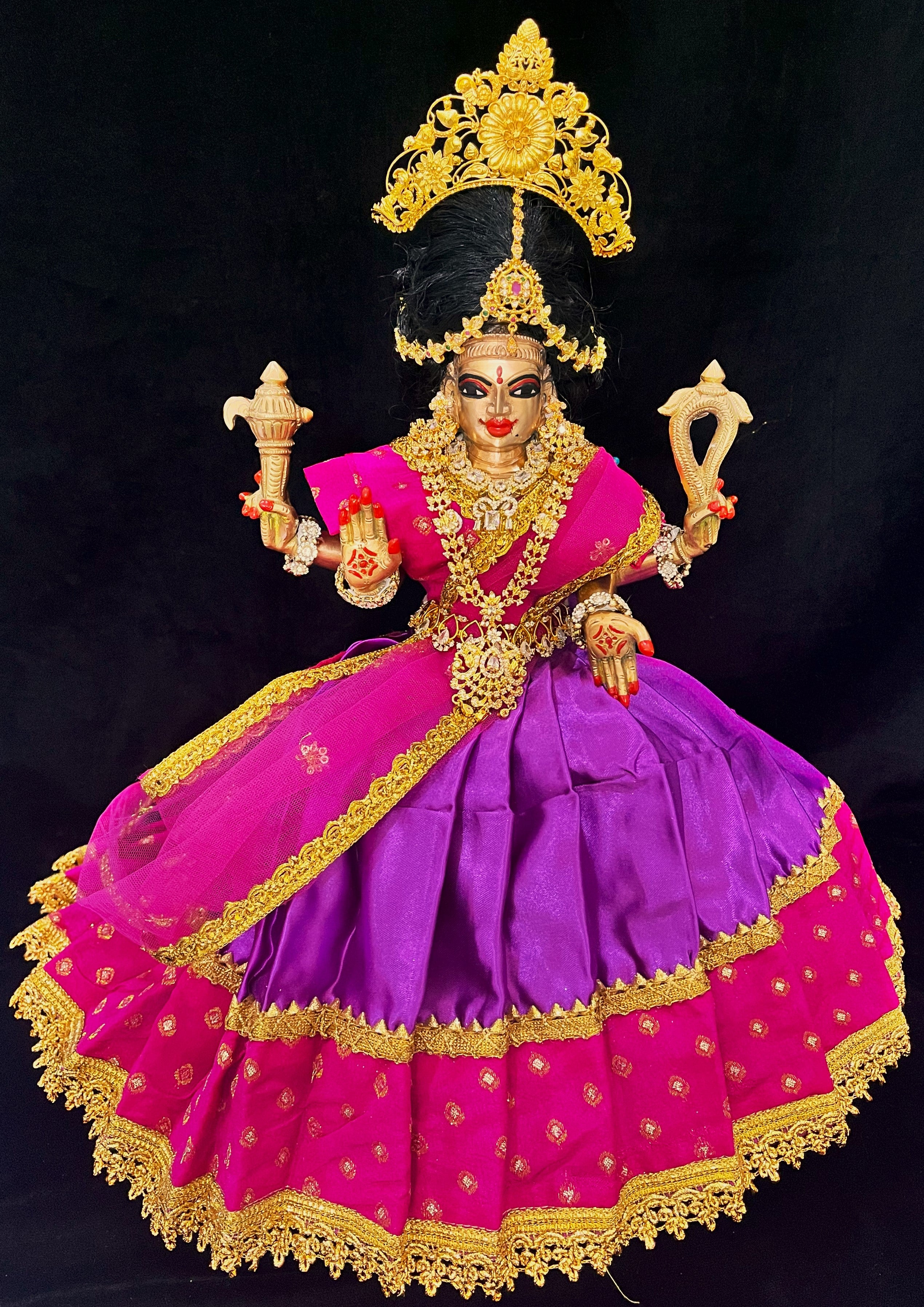 Deity half saree / lehenga patka made of Satin and Chanderi Silk Saree (Not Pure Silk) - Magenta pink and Purple Lehenga with magenta pink blouse and dupatta 1
