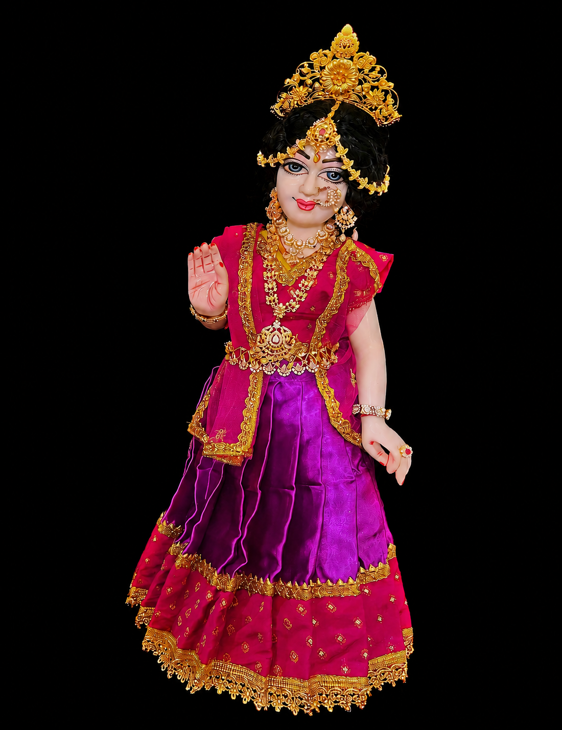 Deity half saree / lehenga patka made of Satin and Chanderi Silk Saree (Not Pure Silk) - Magenta pink and Purple Lehenga with magenta pink blouse and dupatta 2