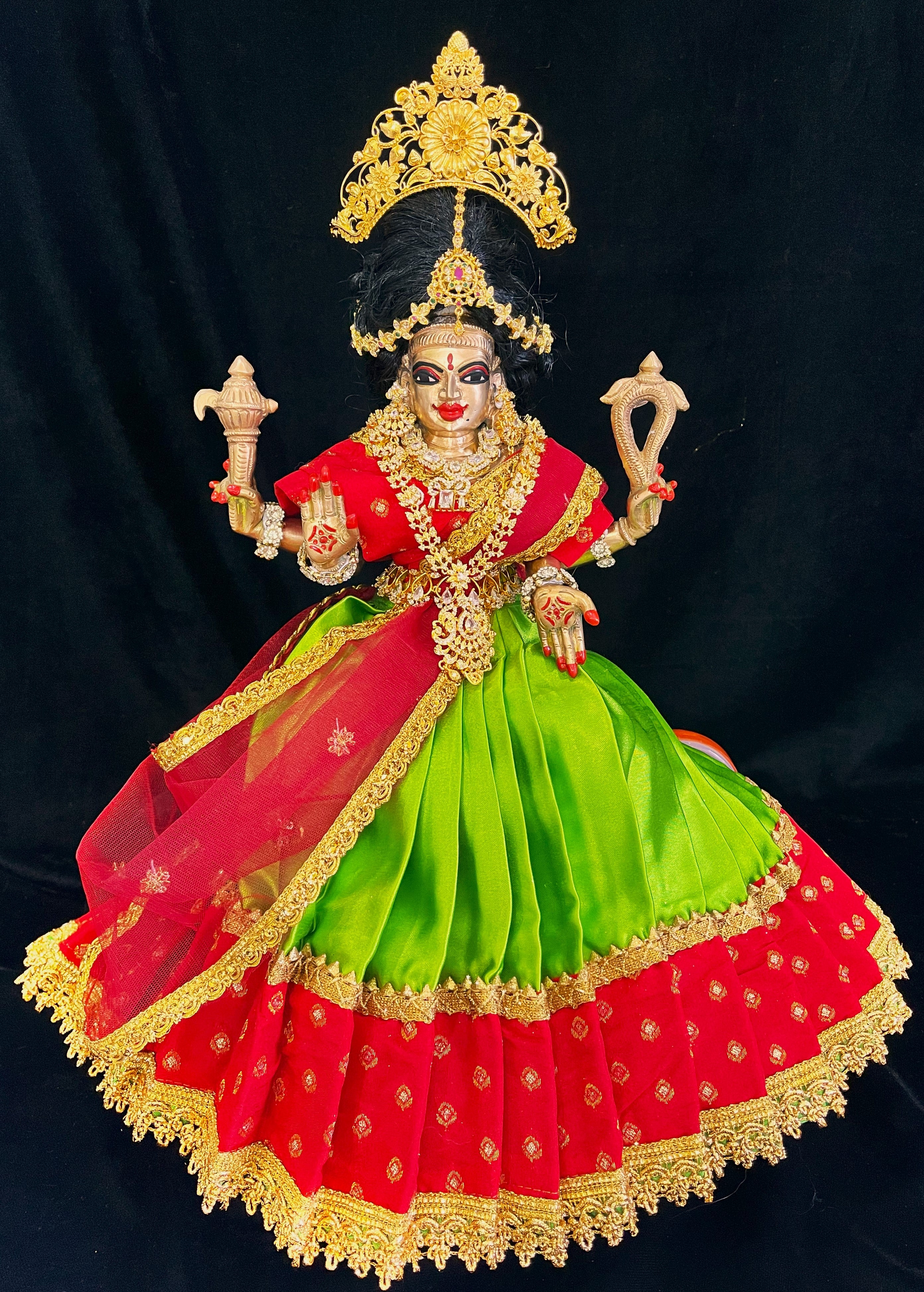 Deity half saree / lehenga patka made of Satin and Chanderi Silk Saree (Not Pure Silk) - Parrot Green and Red Lehenga with Red blouse and dupatta 1