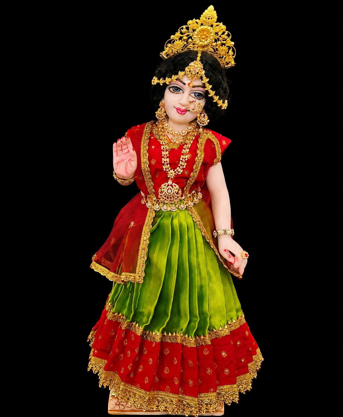 Deity half saree / lehenga patka made of Satin and Chanderi Silk Saree (Not Pure Silk) - Parrot Green and Red Lehenga with Red blouse and dupatta 2