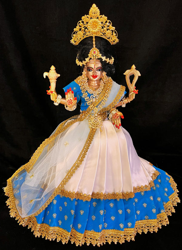 Deity half saree / lehenga patka made of Satin and Chanderi Silk Saree (Not Pure Silk) - Sky Blue and White Lehenga with Sky Blue blouse and dupatta