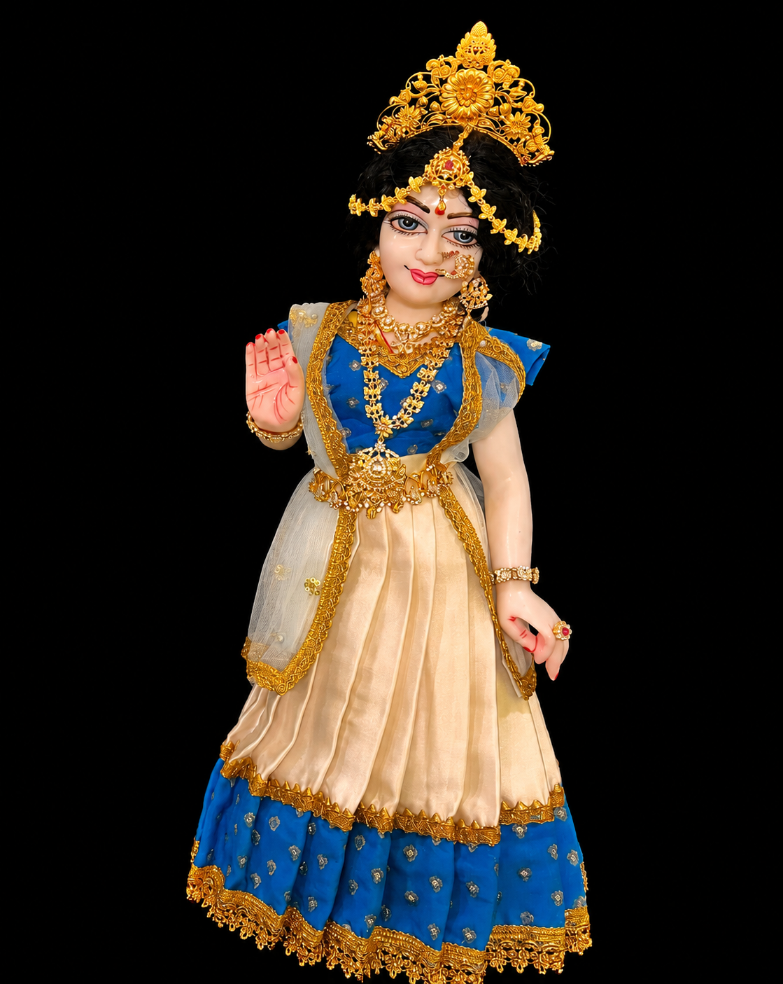 Deity half saree / lehenga patka made of Satin and Chanderi Silk Saree (Not Pure Silk) - Sky Blue and White Lehenga with Sky Blue blouse and dupatta 2
