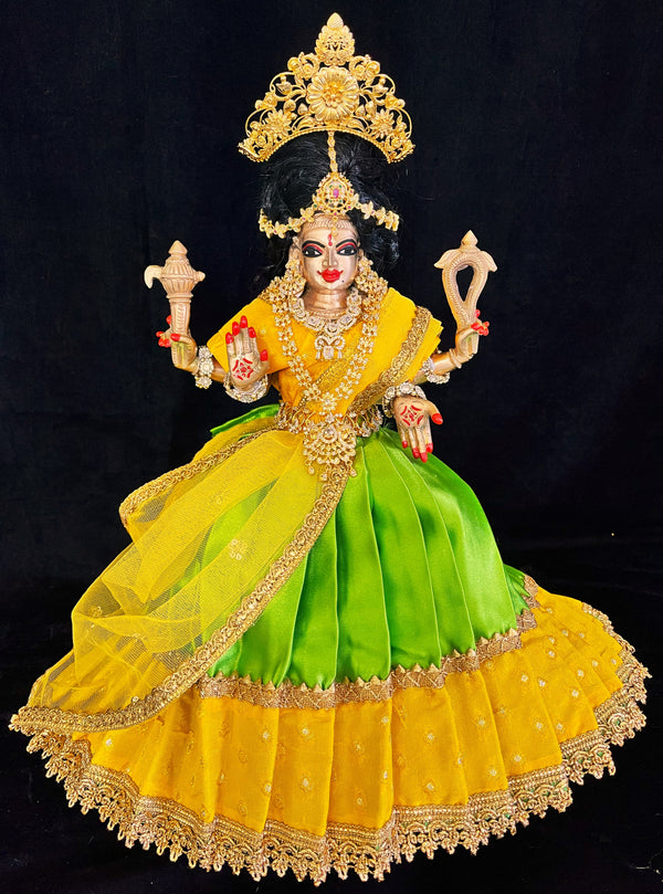 Deity half saree / lehenga patka made of Satin and Chanderi Silk Saree (Not Pure Silk) - Yellow and Parrot Green Lehenga with Yellow blouse and dupatta