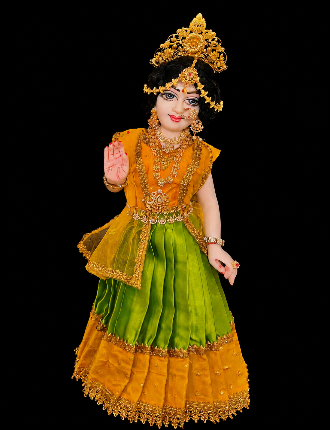Deity half saree / lehenga patka made of Satin and Chanderi Silk Saree (Not Pure Silk) - Yellow and Parrot Green Lehenga with Yellow blouse and dupatta 2