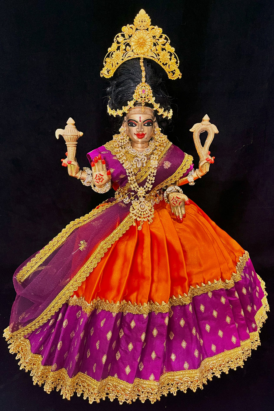 Deity half saree / lehenga patka made of Satin and Chanderi Silk Saree (Not Pure Silk) - Wine and Orange Lehenga with Wine blouse and dupatta