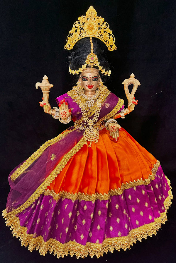 Deity half saree / lehenga patka made of Satin and Chanderi Silk Saree (Not Pure Silk) - Wine and Orange Lehenga with Wine blouse and dupatta