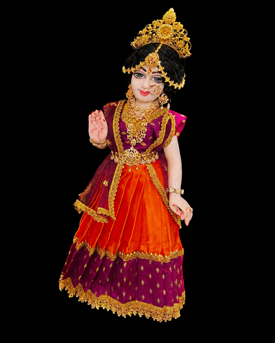 Deity half saree / lehenga patka made of Satin and Chanderi Silk Saree (Not Pure Silk) - Wine and Orange Lehenga with Wine blouse and dupatta 2