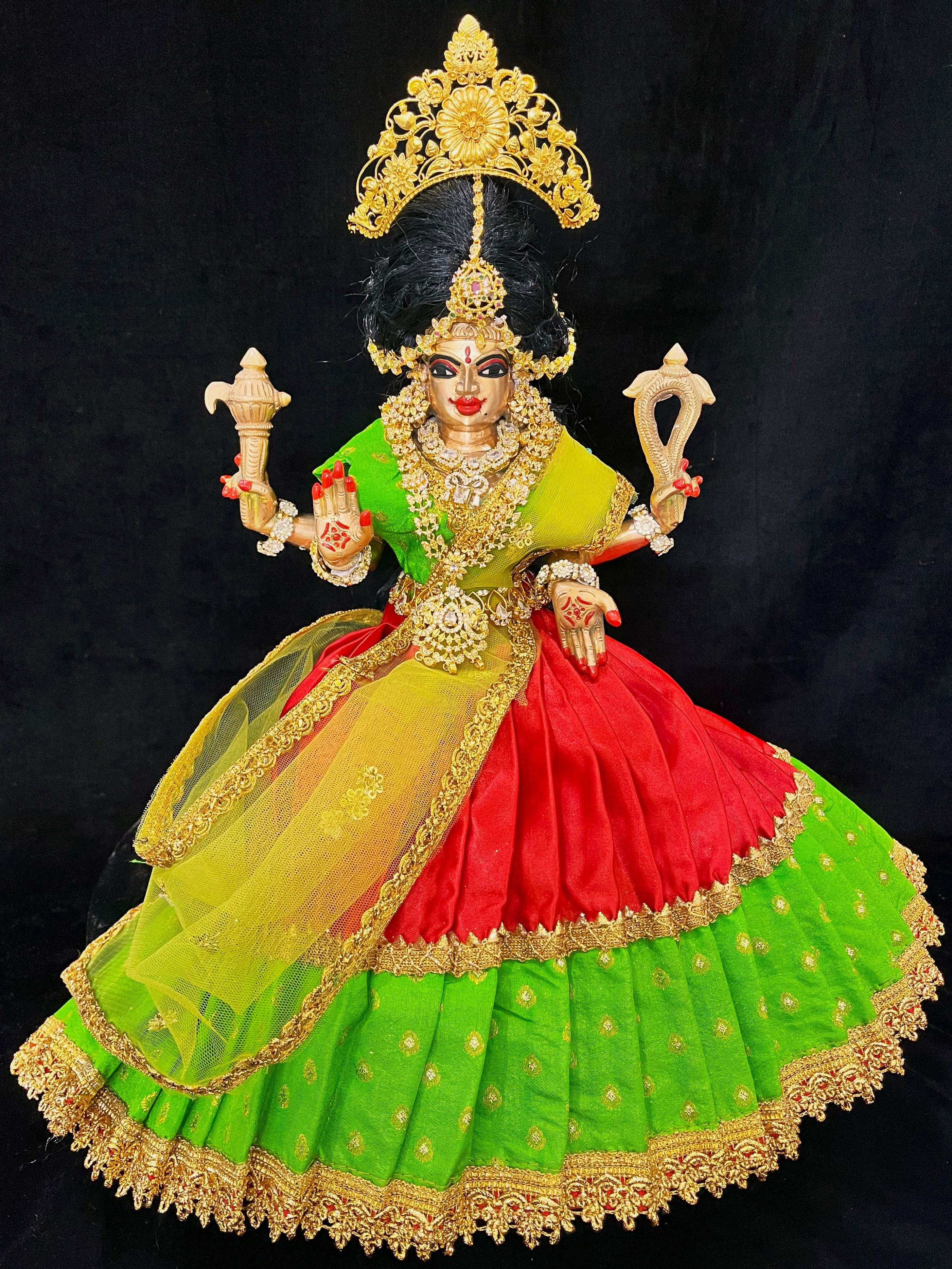 Deity half saree / lehenga patka made of Satin and Chanderi Silk Saree (Not Pure Silk) - Parrot Green and Red Lehenga with Parrot Green blouse and dupatta 1