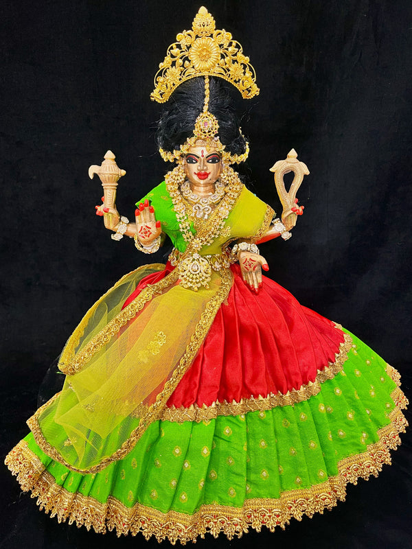 Deity half saree / lehenga patka made of Satin and Chanderi Silk Saree (Not Pure Silk) - Parrot Green and Red Lehenga with Parrot Green blouse and dupatta