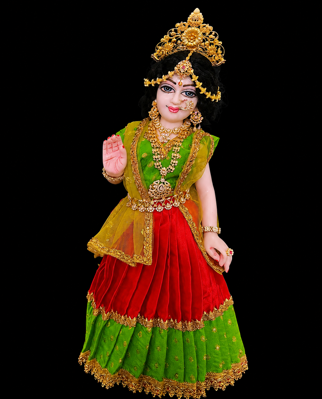 Deity half saree / lehenga patka made of Satin and Chanderi Silk Saree (Not Pure Silk) - Parrot Green and Red Lehenga with Parrot Green blouse and dupatta 2