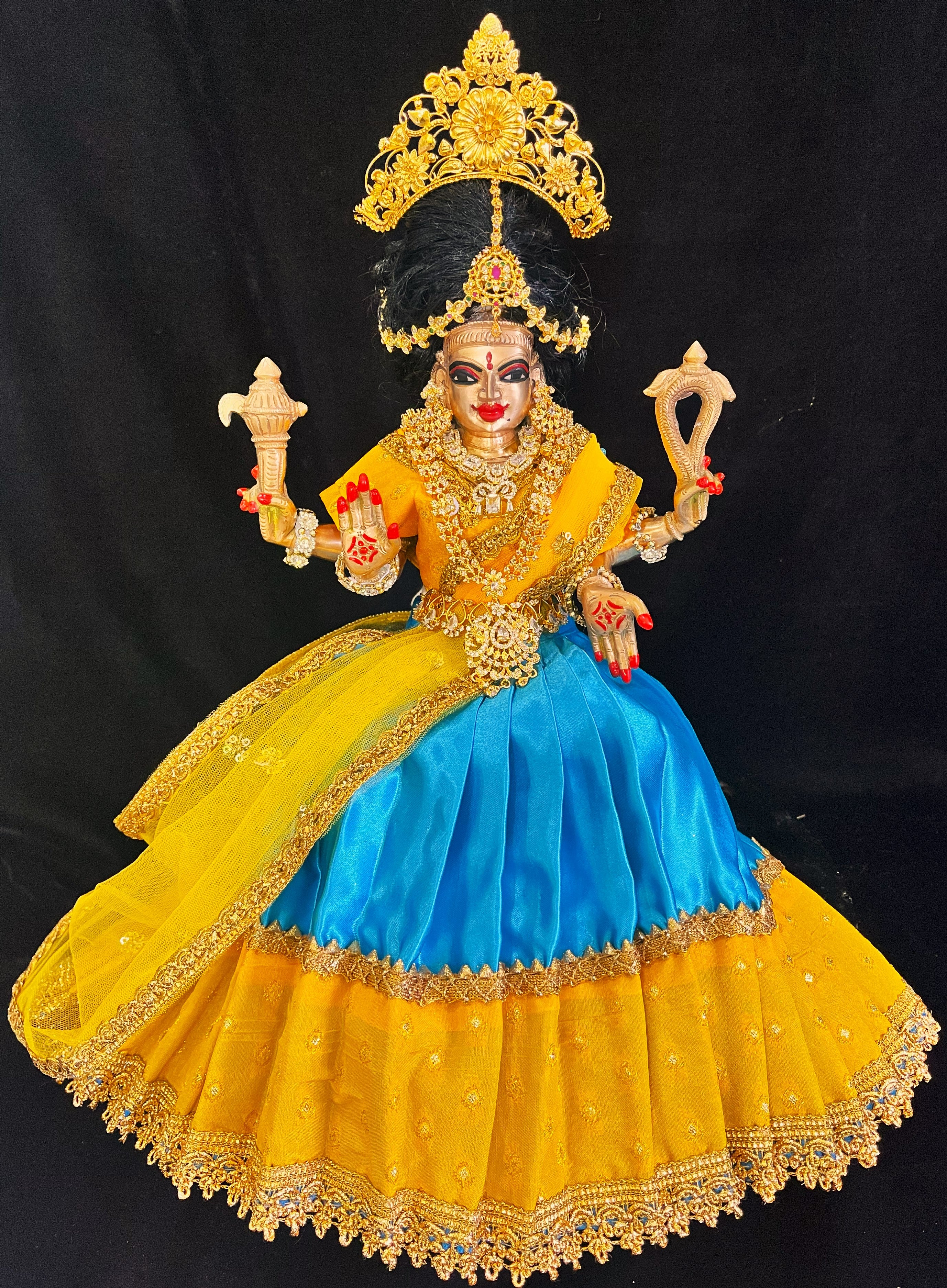Deity half saree / lehenga patka made of Satin and Chanderi Silk Saree (Not Pure Silk) - Mustard yellow and sky blue Lehenga with Mustard yellow blouse and dupatta 1
