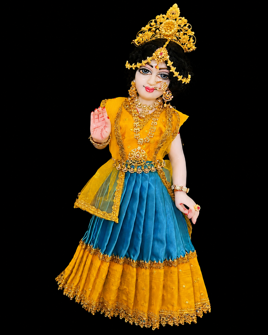 Deity half saree / lehenga patka made of Satin and Chanderi Silk Saree (Not Pure Silk) - Mustard yellow and sky blue Lehenga with Mustard yellow blouse and dupatta 2