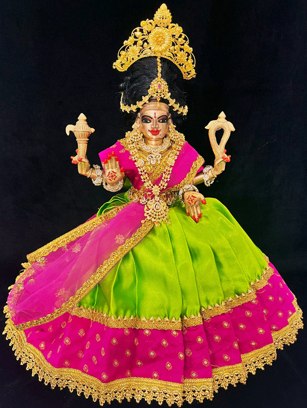 Deity half saree / lehenga patka made of Satin and Chanderi Silk Saree (Not Pure Silk) - Parrot Green and Rani Pink Lehenga with Rani Pink  blouse and dupatta