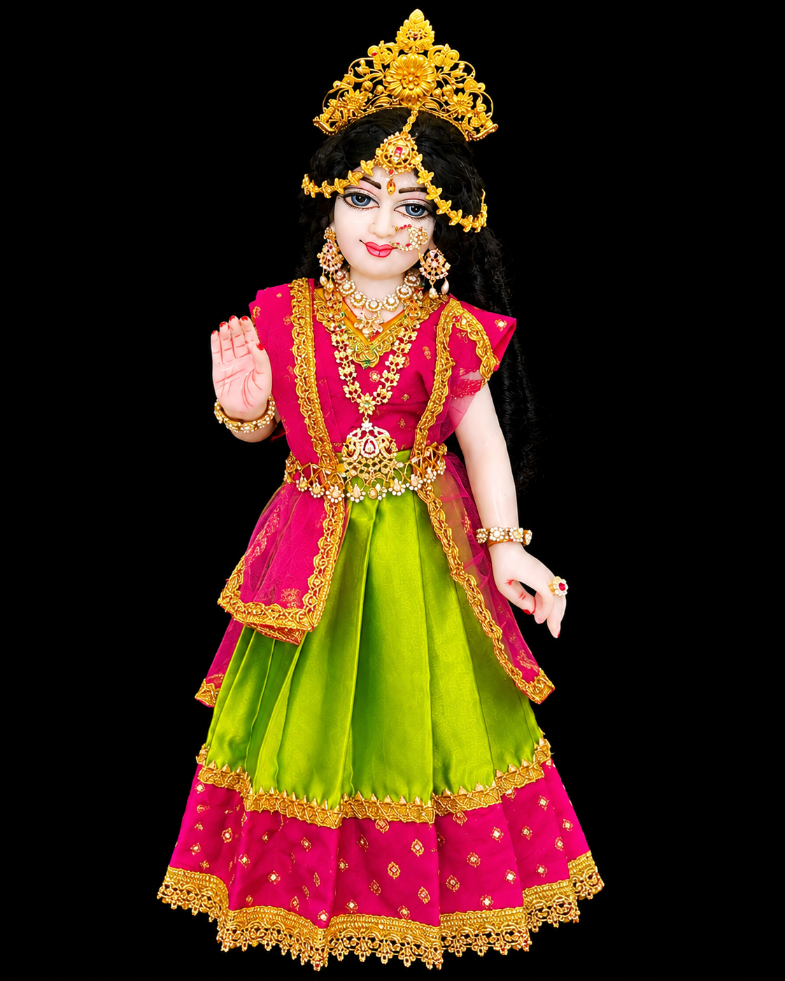 Deity half saree / lehenga patka made of Satin and Chanderi Silk Saree (Not Pure Silk) - Parrot Green and Rani Pink Lehenga with Rani Pink blouse and dupatta 2