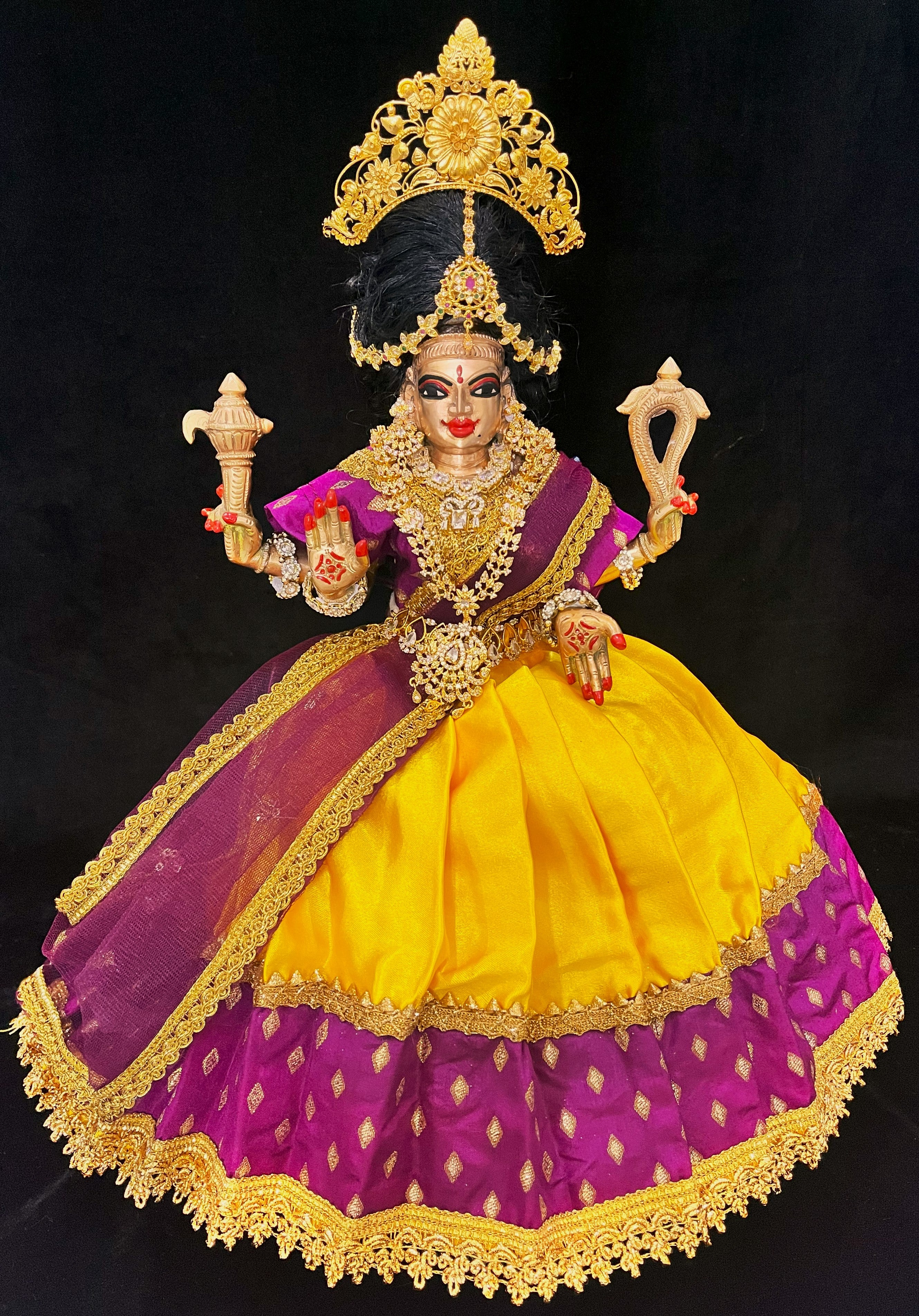 Deity half saree / lehenga patka made of Satin and Chanderi Silk Saree (Not Pure Silk) - Mustard Yellow: and Magenta Purple Lehenga with Magenta Purple blouse and dupatta 1